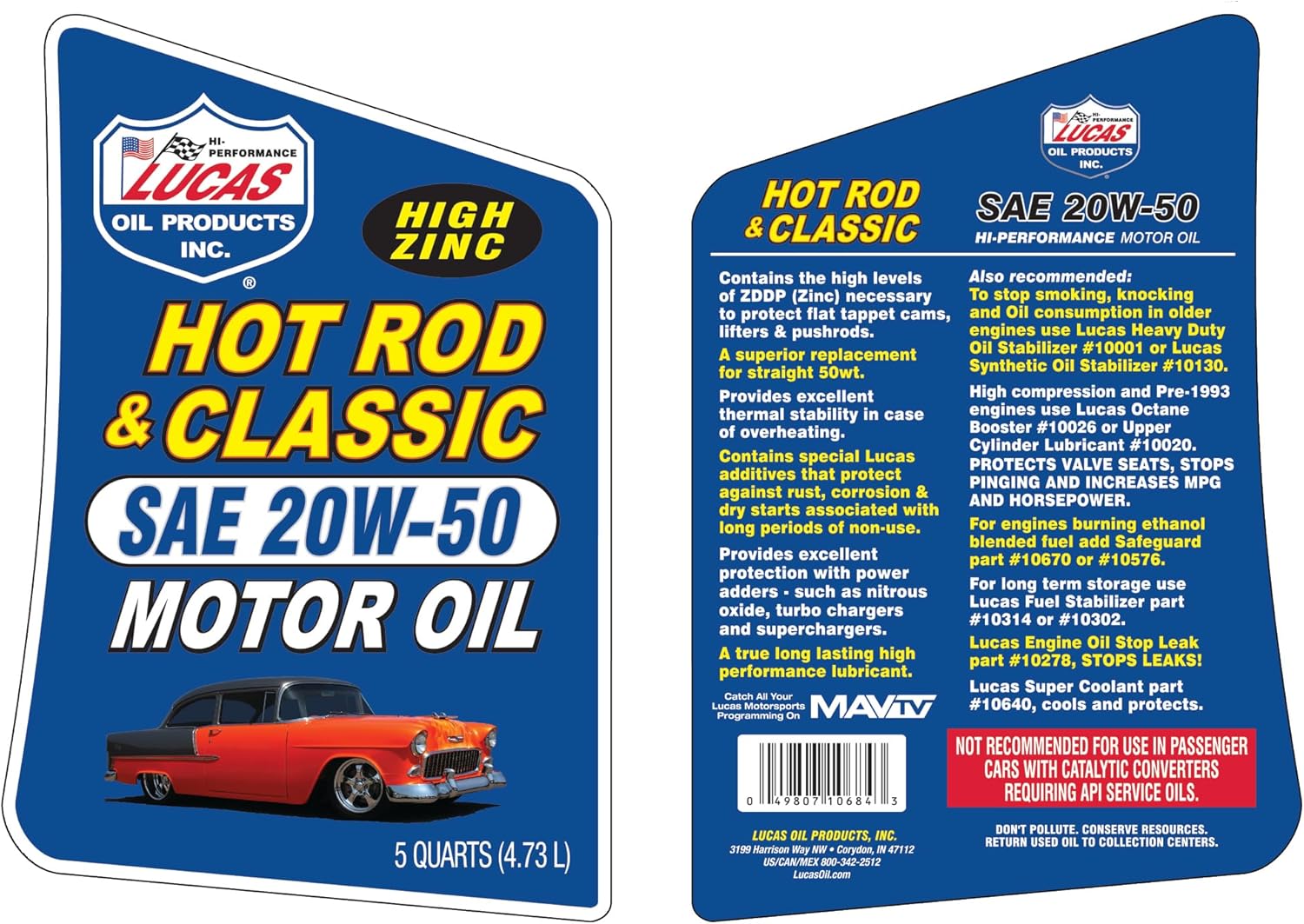 Lucas Oil 10684 Hot Rod & Classic Car HP Motor Oil SAE 20W-50-5 Quart - Image 3