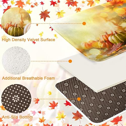 Miniatura 10 de Arttown Juego de 3 alfombras y tapetes de baño con diseño de calabazas otoñales, antideslizantes, de madera de color naranja otoñal,