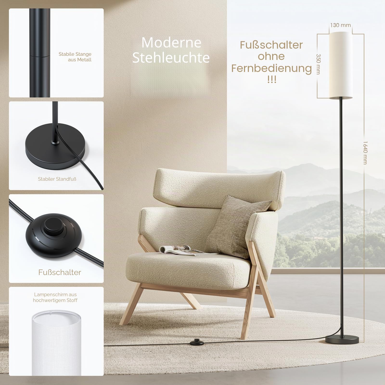 9W LED Stehlampe, Stehlampe Wohnzimmer Dimmbar, Stehleuchte mit 3 Farbtemperaturen, E27 Leselampe Standleuchte mit Leinen Lampenschirm & Fußschalter, Vintage für Schlafzimmer, Weiß