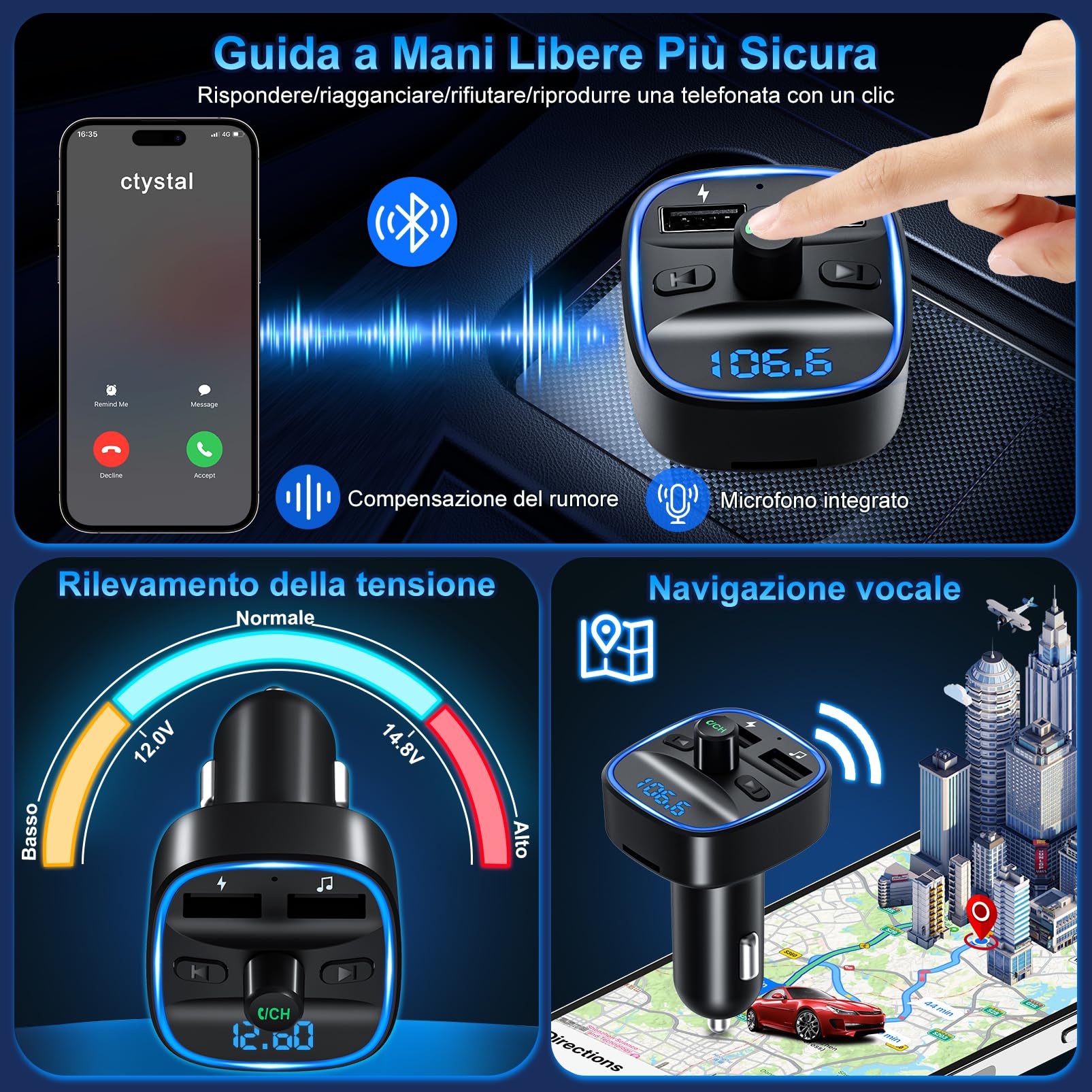 Trasmettitore FM Bluetooth 5.3 per Auto Radio, Adattatore Bluetooth Auto con 2 Porte USB, Kit Vivavoce MP3 Audio Lettore Caricabatterie Auto Supporto BT, Scheda TF, Disco USB