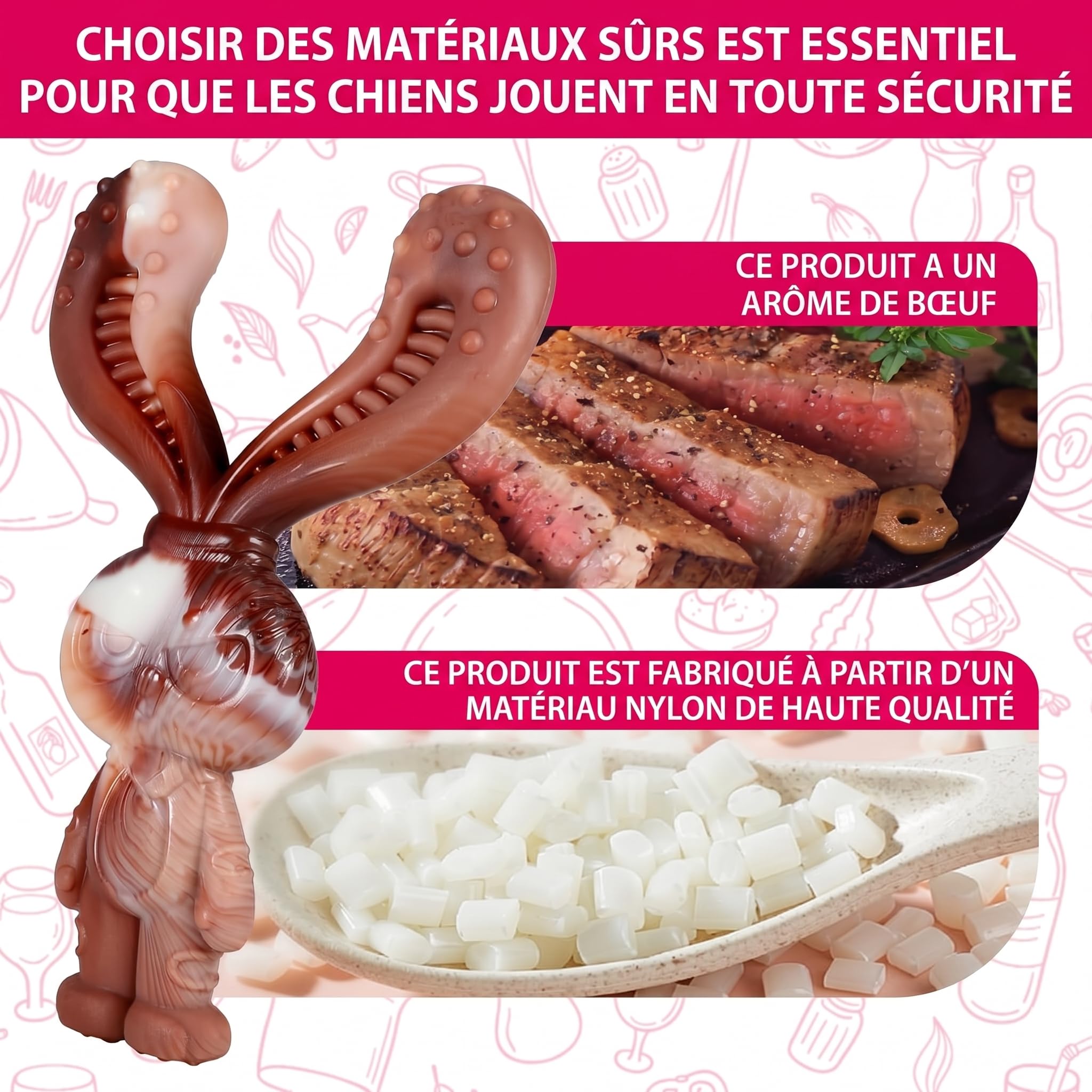 Jouets Indestructibles pour Chiens à Mâcher, Jouets Durables en Nylon Saveur de Boeuf, Robustes pour Chiens de Taille Moyenne et Grande Taille, Brossage des Dents (Lapin)