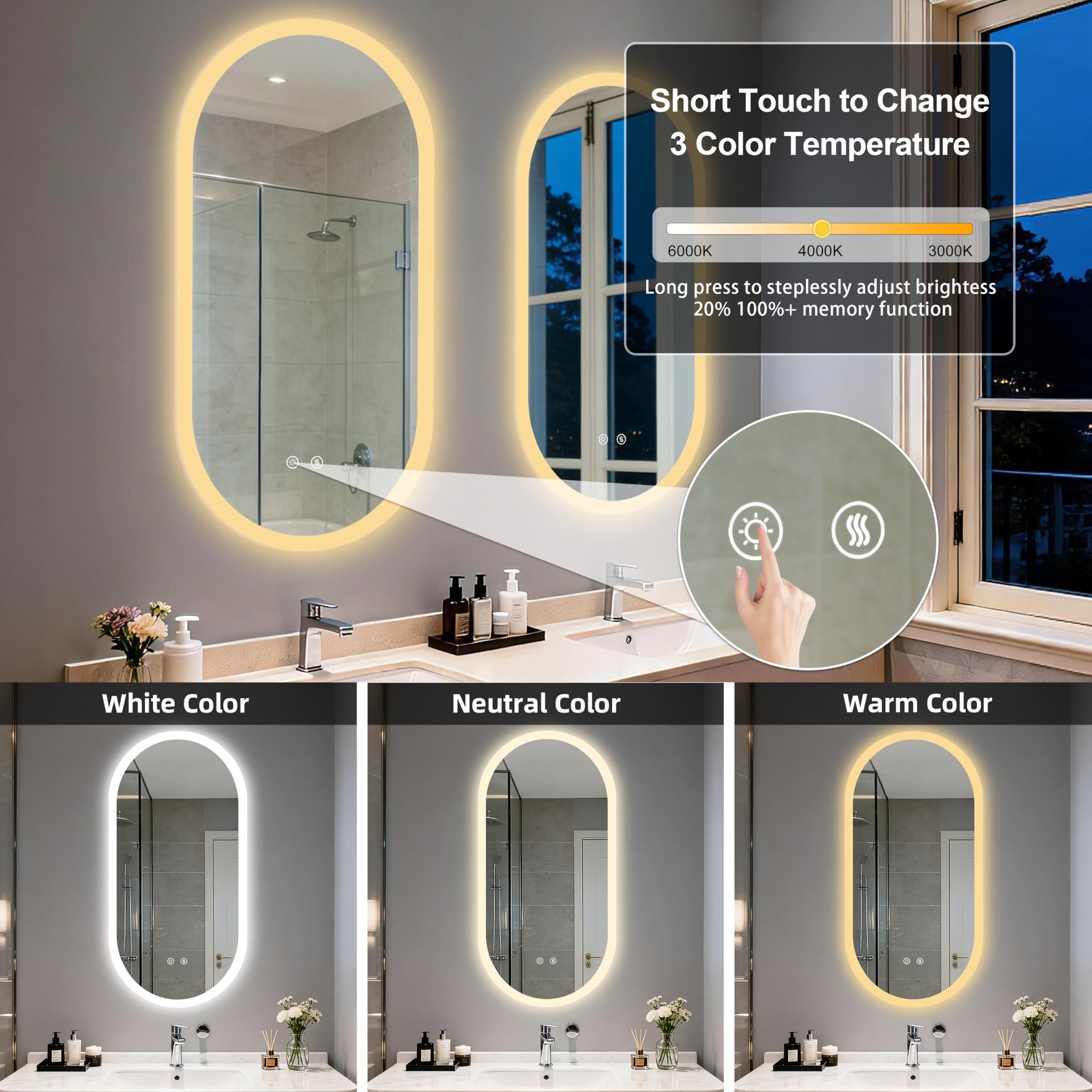LUVODI Espejo Baño con Luz Led Ovalado 100 x 50 cm Espejos de Baño Antivaho con Luz Retroiluminado Regulable Espejo Moderno Inteligente con 2 Interruptor Tactil Función de Memoria y Impermeable IP66