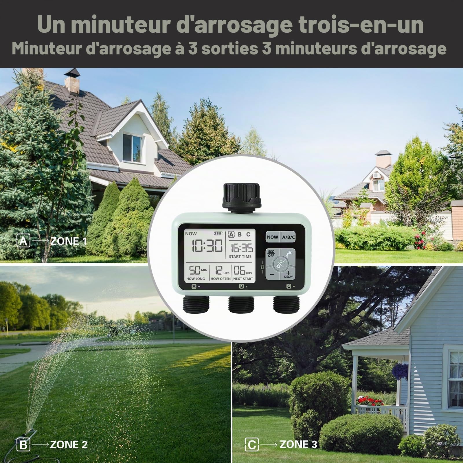 Kazeila Programmateur Arrosage 3 Voies,Programmateur d'Arrosage Extérieur avec Affichage LCD, Water Timer Mode Automatique et Manuel, retardateur de Pluie,Temps d'arrosage