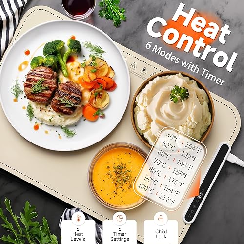 Miniatura 2 de Tapete de calentamiento para alimentos Bandeja de calentamiento eléctrica, calentador de alimentos de superficie completa con 6 ajustes