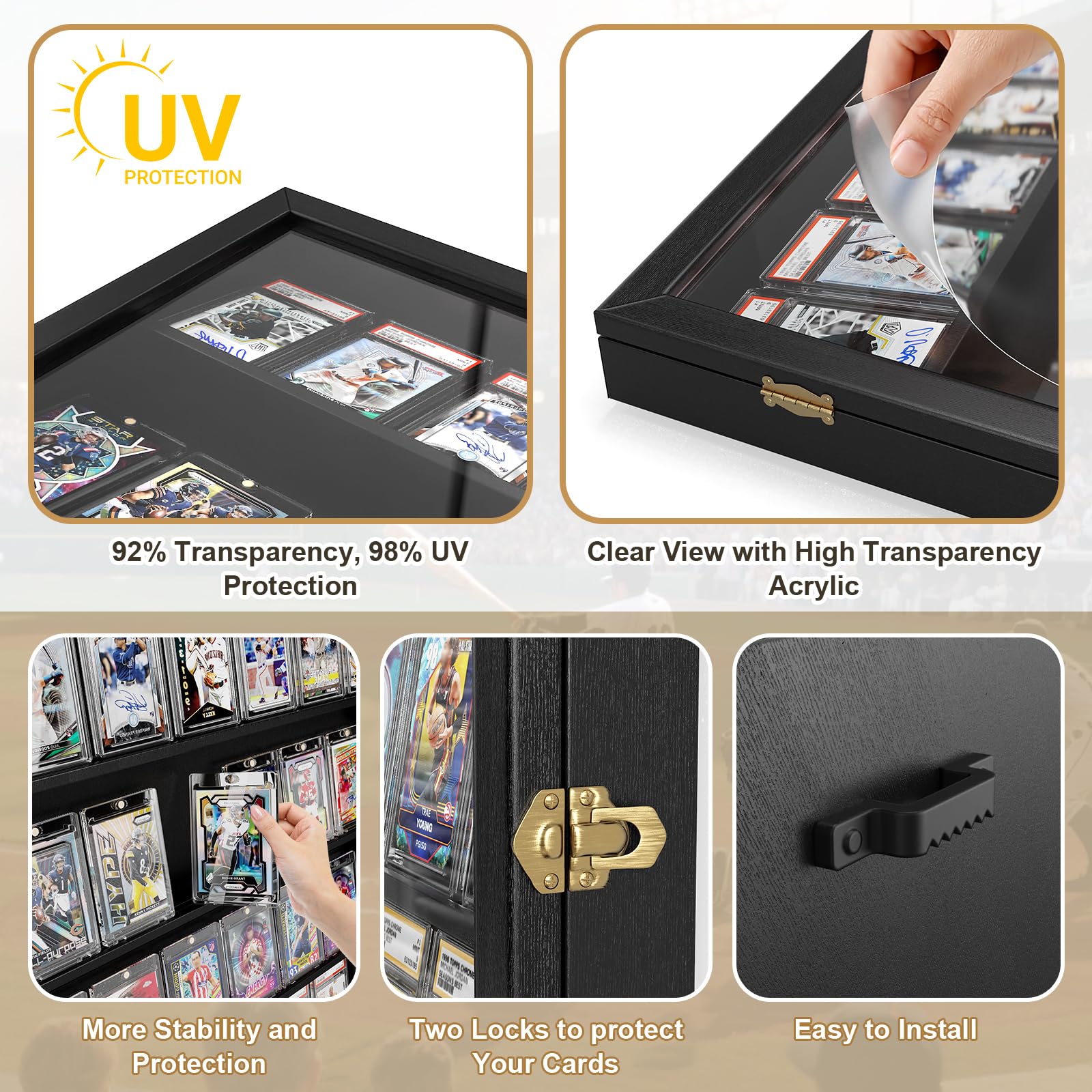 Marco de exhibición para cartas coleccionables, soporte de pared de 5 niveles en madera con puerta HD transparente, soporte para cartas de béisbol, exhibidor para cartas deportivas y colección