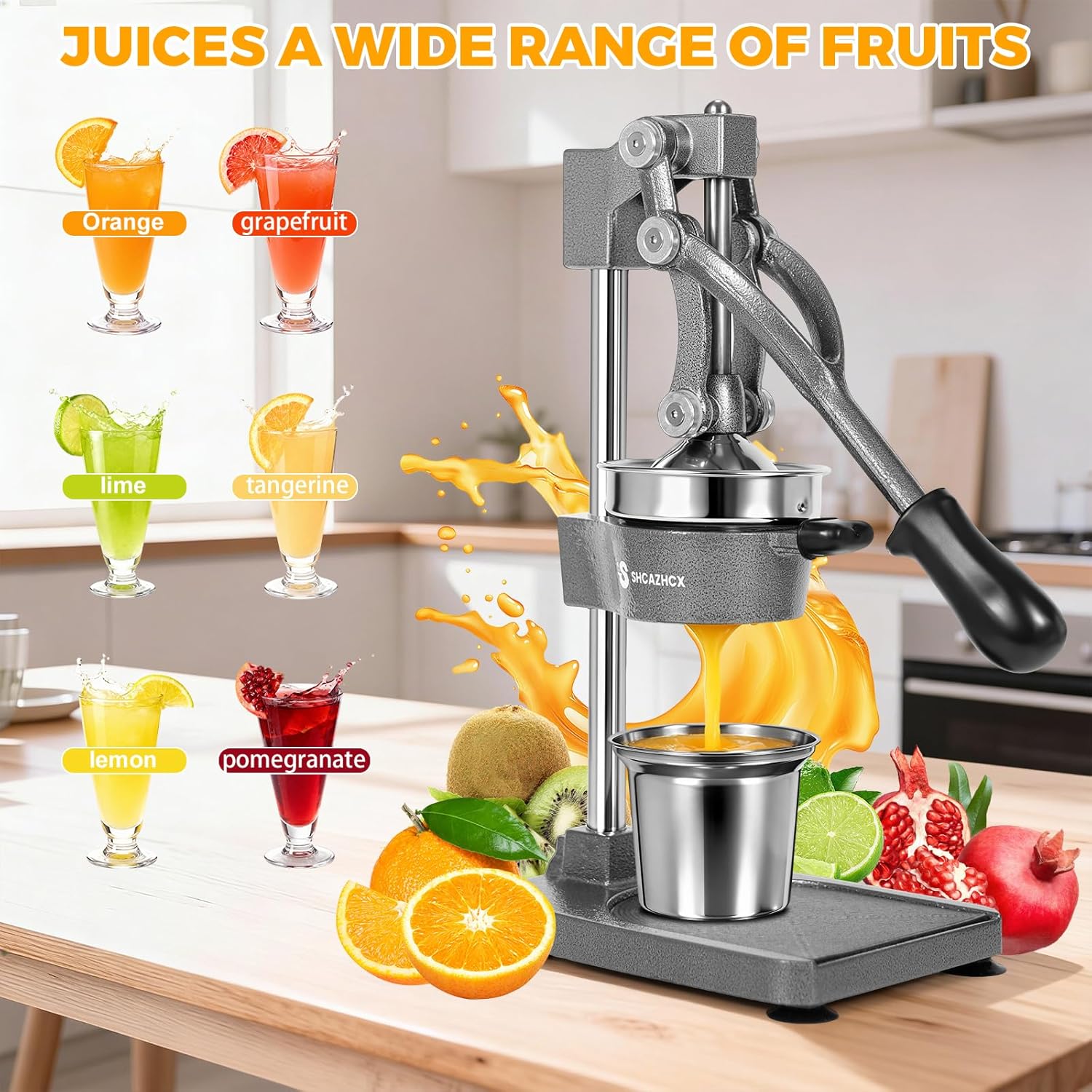 Heavy Duty Cast Iron Pomegranate & Citrus Juicer, Extra Powerful Manual Hand Press, High Yield Lemon Orange Squeezer with Stainless Steel Cup, Commercial Grade Juice Press
