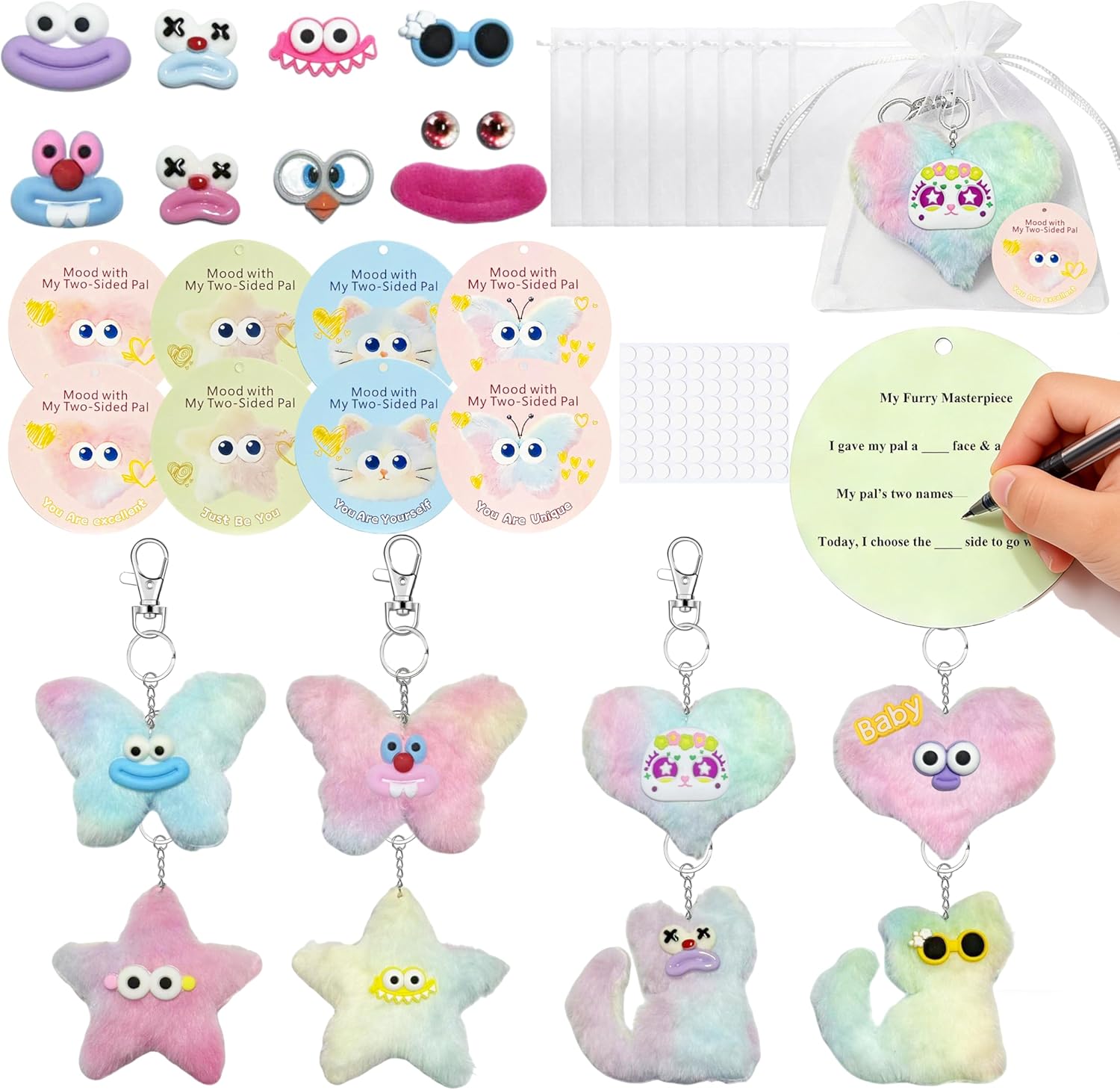 8 Pack Cute DIY Plush Keychains with 8 Cards Favors Bags, Kawaii Fuzzy Toys Keyring Easter Egg Fillers Kids School Classroom Class Exchange Boys Girls Party Favor Treasure Box Toys in Bulk