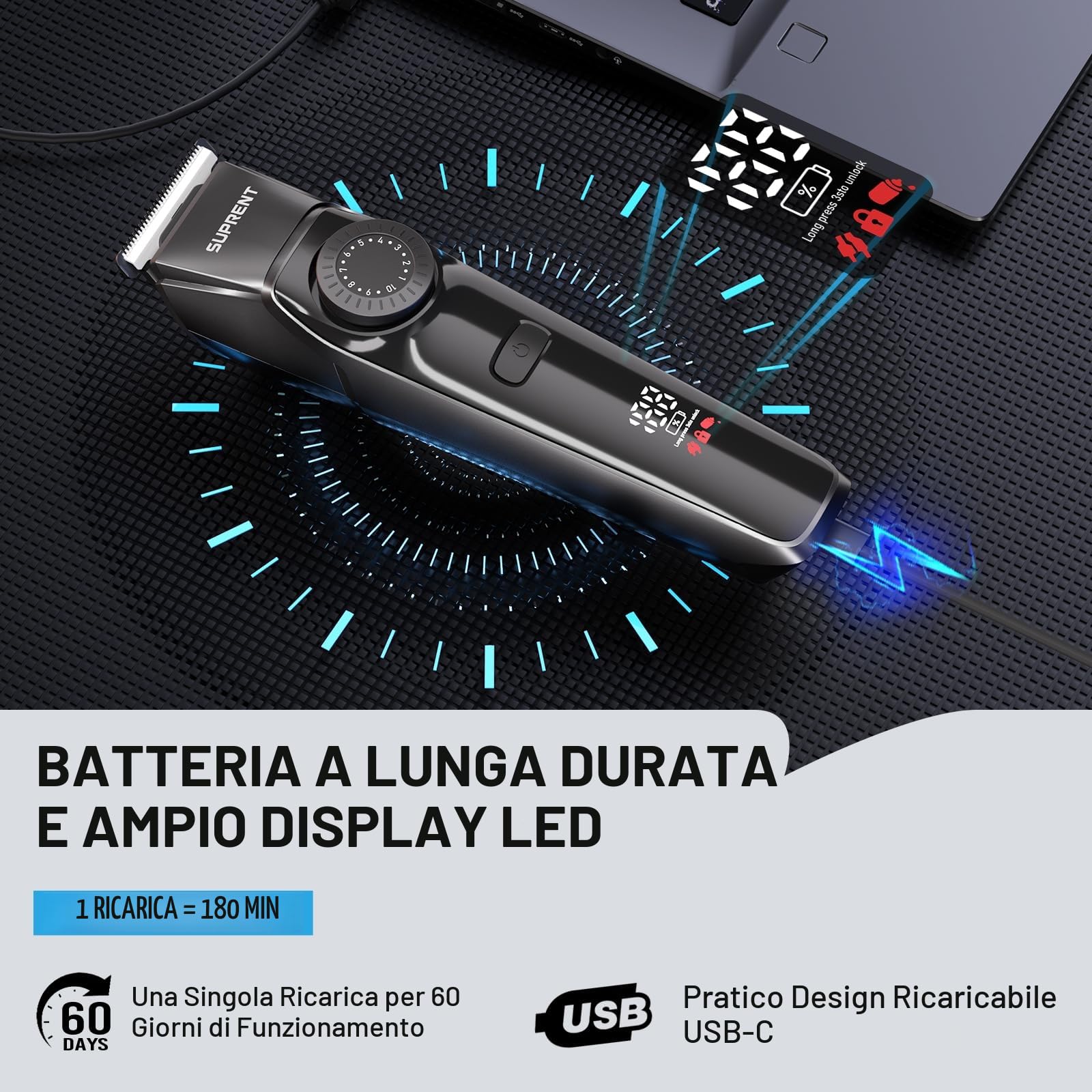 SUPRENT Regolabarba Uomo Professionale IPX7 Impermeabile Rasoio Elettrico Barba e Capelli