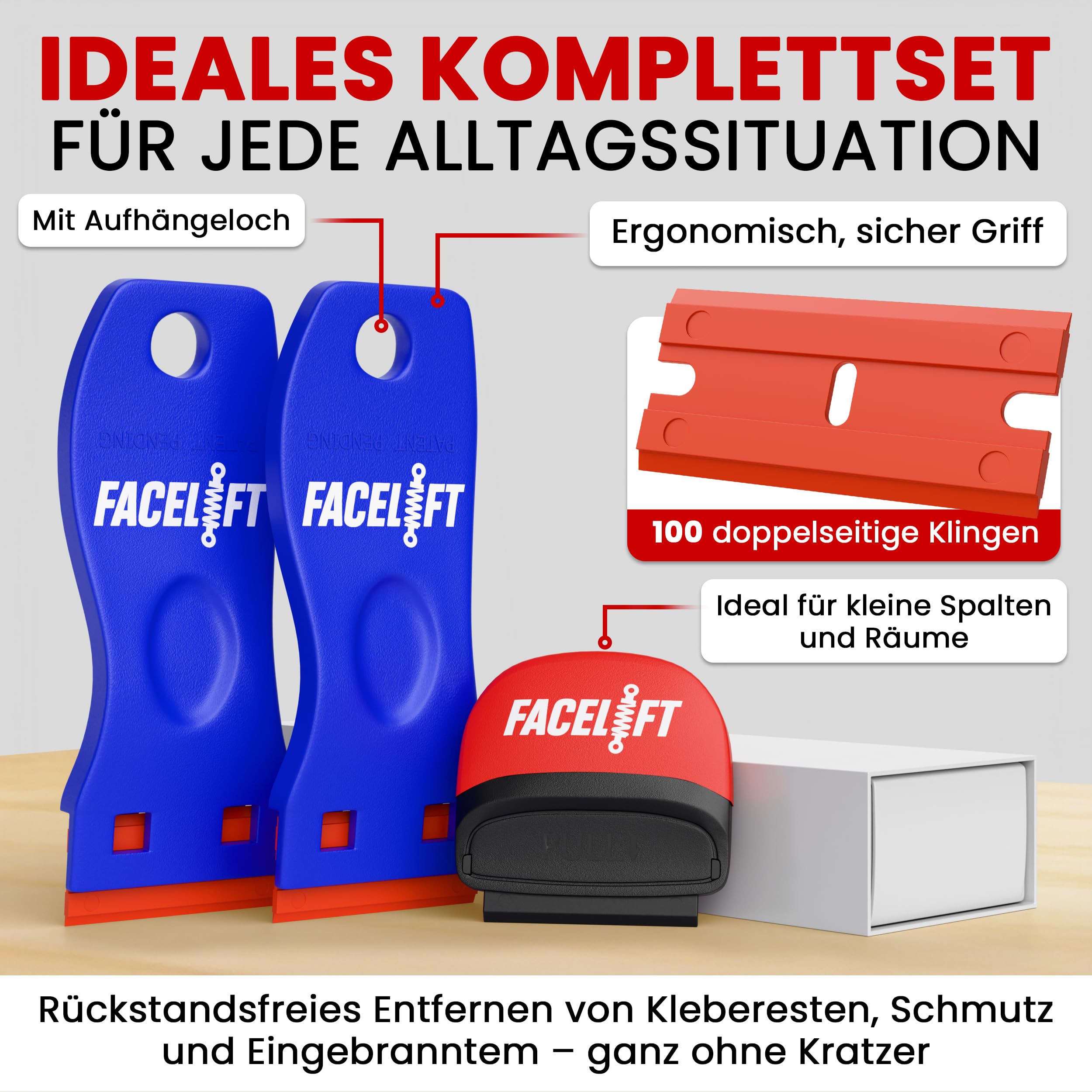FACELIFT® Premium Schaber Set – Kunststoffschaber mit 100 Klingen – kratzfrei Aufkleber- & Klebereste-Entferner – robust, handlich & vielseitig