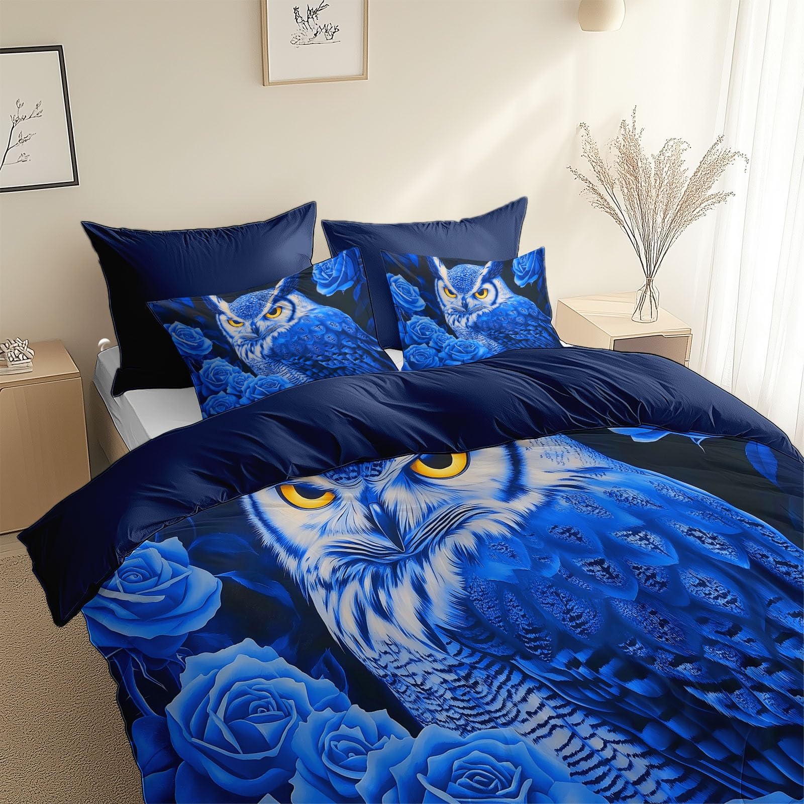 Poszwa na kołdrę 260x240 cm fantastyczna sowa z zestawem pościeli z różami, głęboki niebieski poszwa na kołdrę 2 osoby oddychająca mikrofibra z zamkiem błyskawicznym 2 poszewki na poduszki