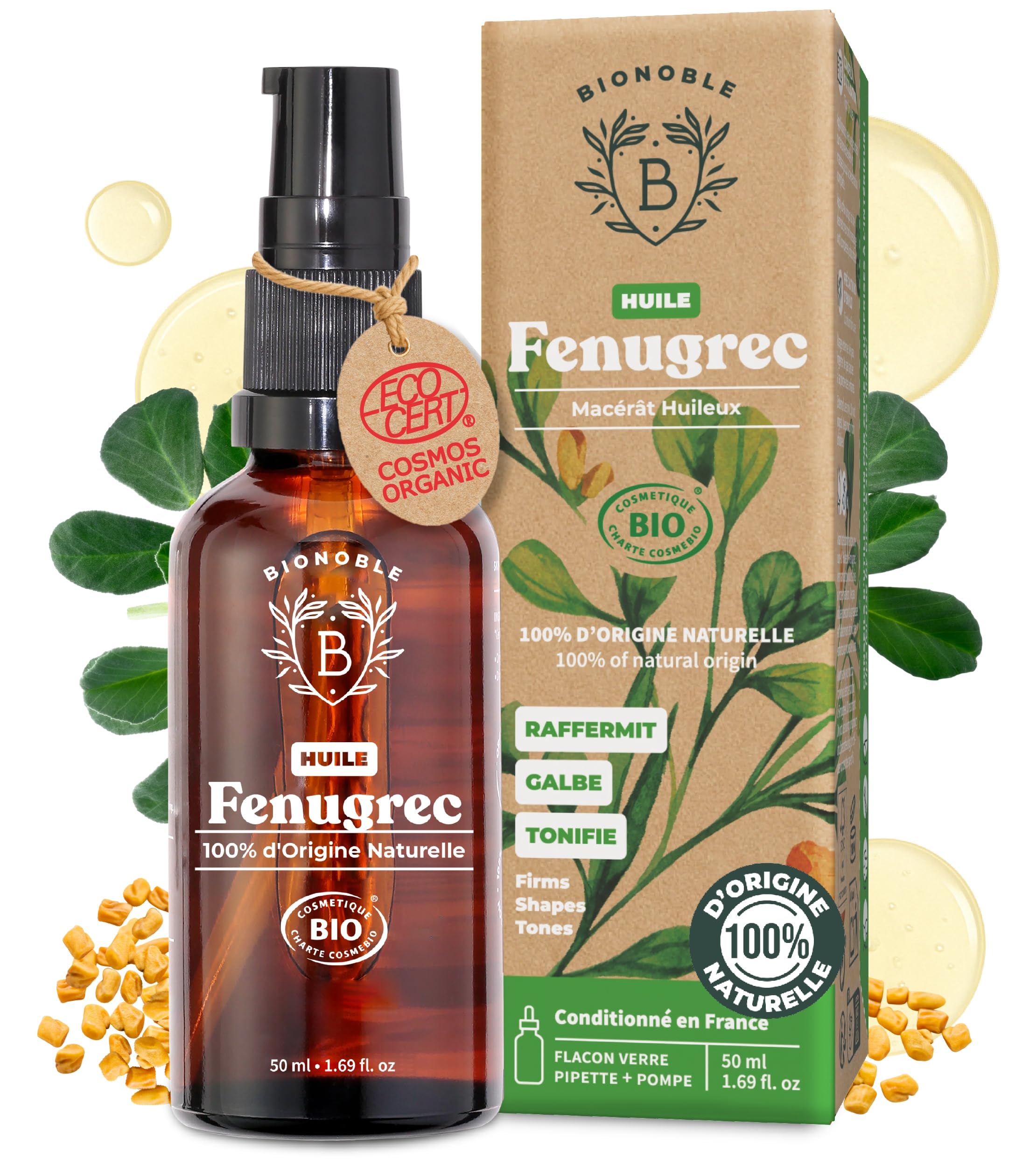 Huile De Fenugrec Bio 50 Ml – Pour Galbe Poitrine Et Fesses – Bouteille Verre Avec Pompe – Vegan