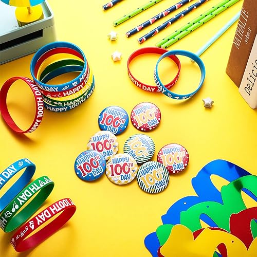 Miniatura 6 de Juego de 60 pulseras de silicona con insignias y espirales colgantes, 60 piezas para el día 100 de escuela, decoración de fiesta para niños de