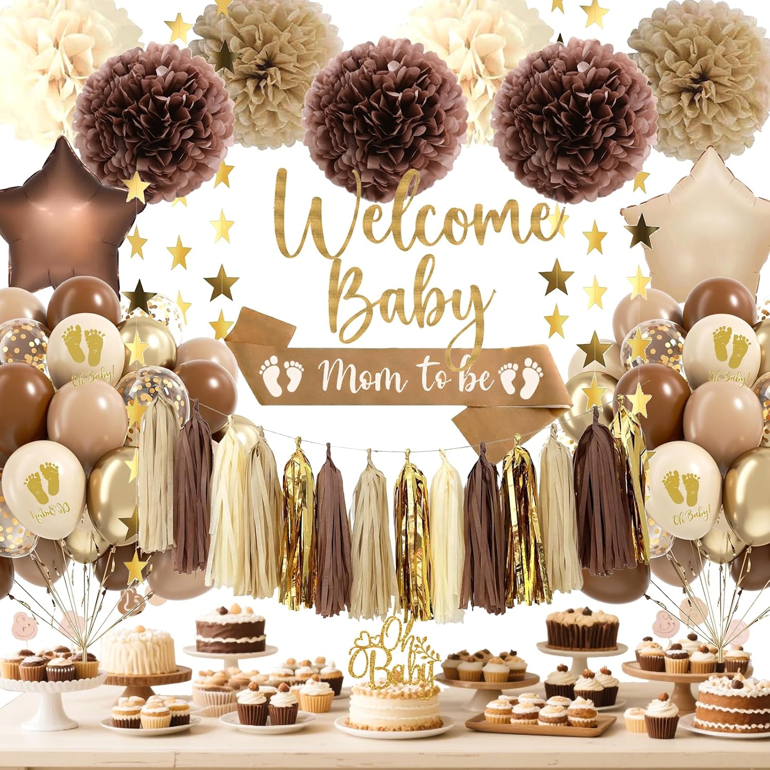 Brown Neutral Baby Shower Decorations, Welcome Baby Banner