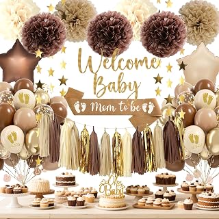 Baby Shower Decorations Neutral, Brown Nude Balloons Welcome Baby Banner, Cake Topper, Paper Pom Poms Tassels, Sash for Baby Shower Party Supplies