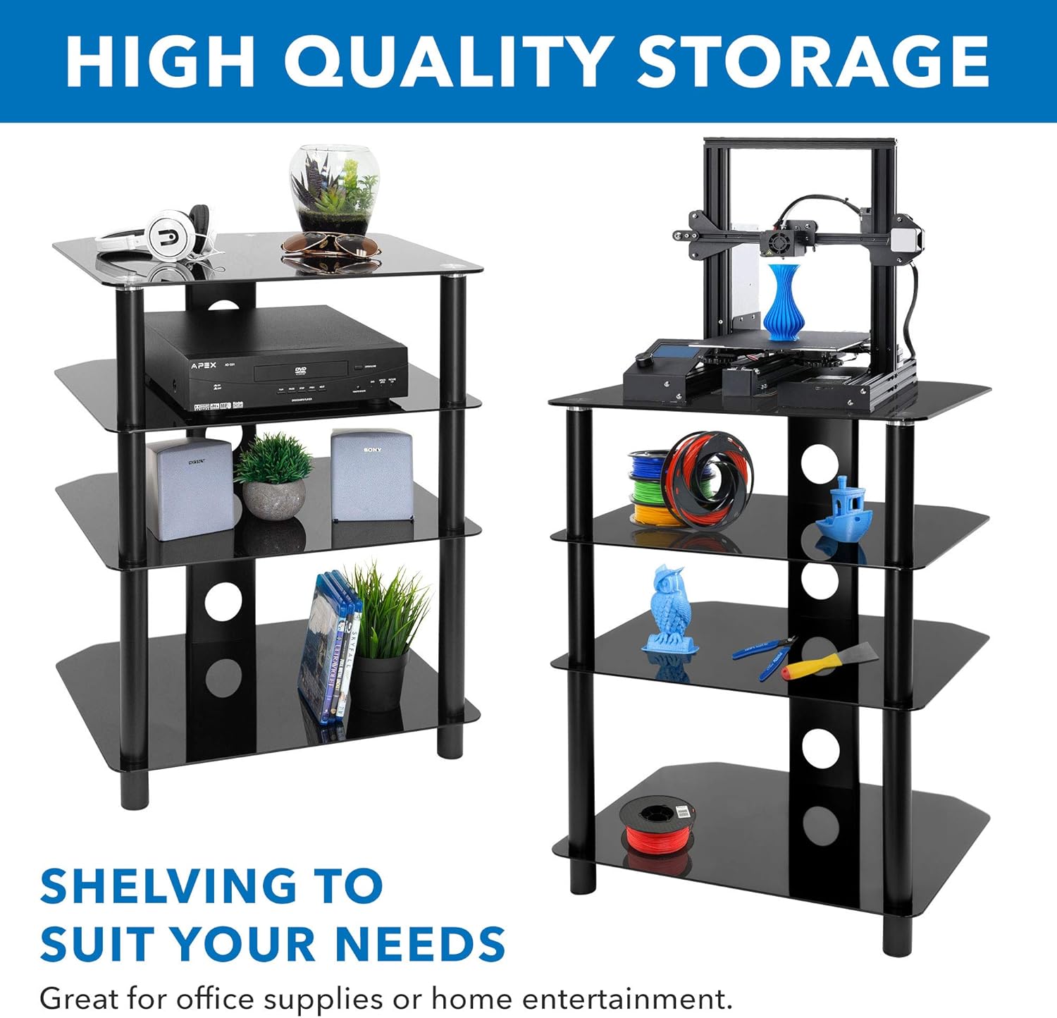 Product Deal Mount-It! AV Component Media Stand, Audio Tower and Media Center with 4 Tempered Glass Shelves, 88 Lbs Capacity, Black Silk (MI-867)