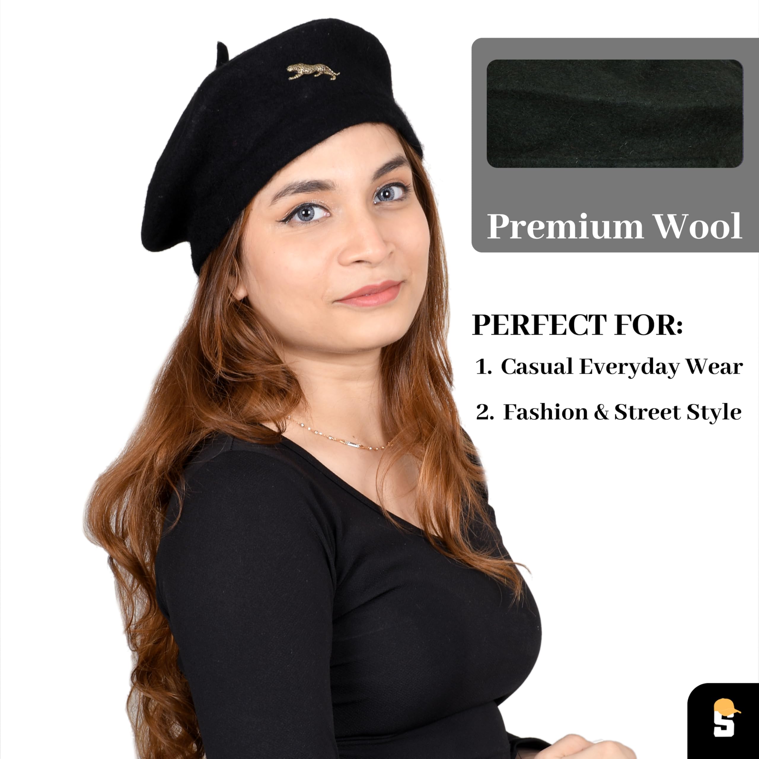 SOUL eTHICS Women's Premium Wool Blend French Artist Beret Cap - Stylish, Warm & Classic - Elegant Winter Beanie Hat for Girls & Ladies -Free Size (in, Alpha, Free Size, Black, Leopard) - Image 3 thumbnail