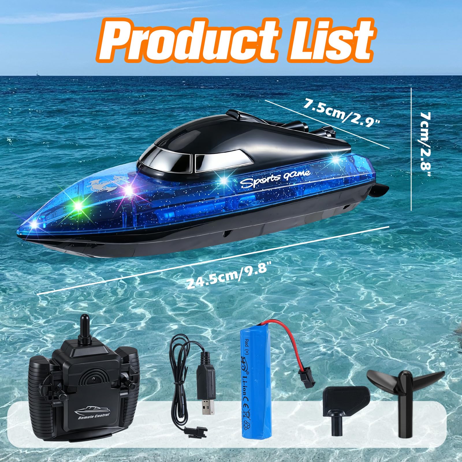 Bateau Télécommandé Autonomie 100min, 2.4GHz Grande Vitesse Bateau RC Anti-basculement avec Lumière LED Piles Rechargeables Lac Piscine étang Rivière RC Boat pour Enfants