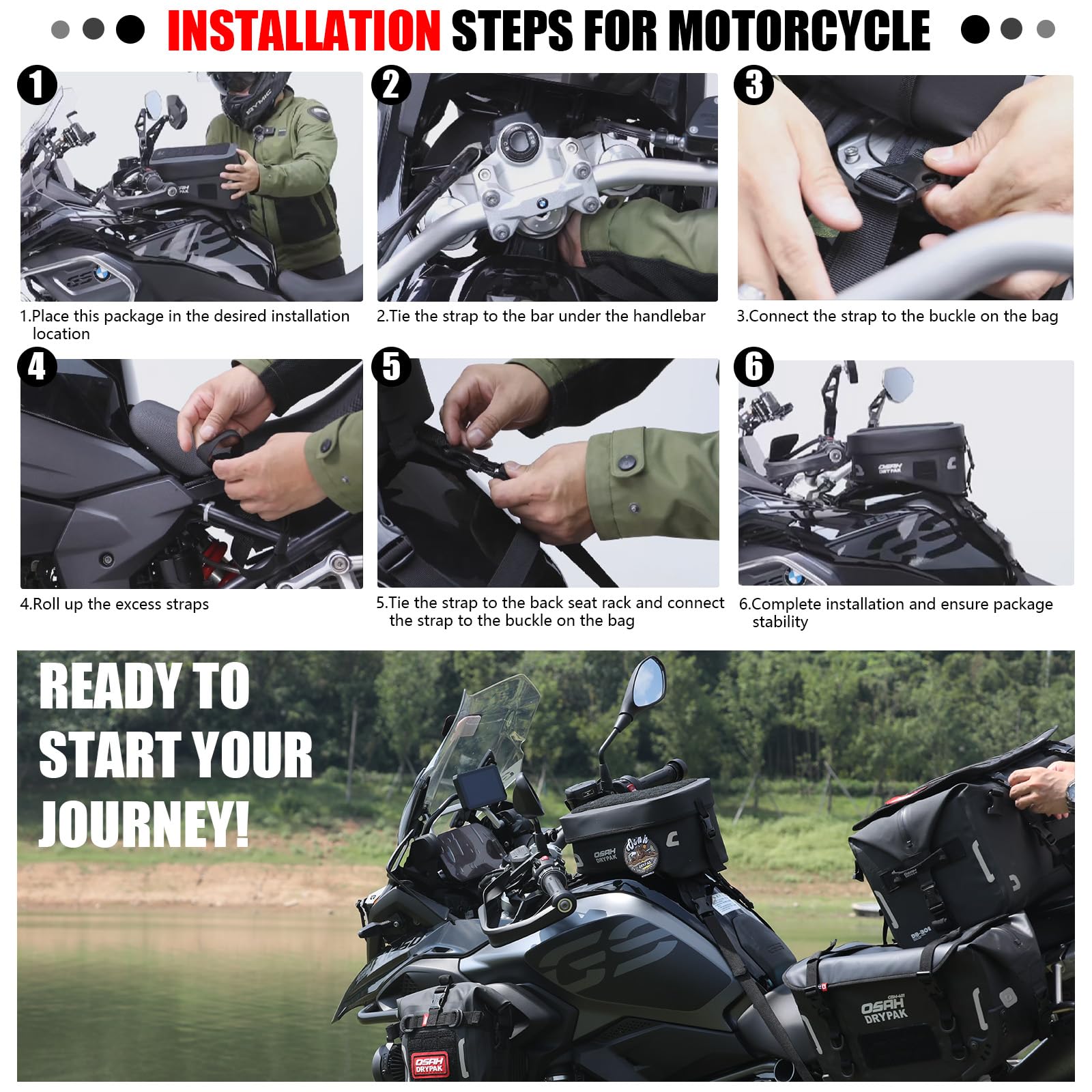 Motorrad Tanktasche wasserdicht TPU – Multifunktional Tank- & Sitz-Tasche, für die meisten Enduro/Adventure Motorräder – Camping/Reisen/Offroad – Schwarz, 6L