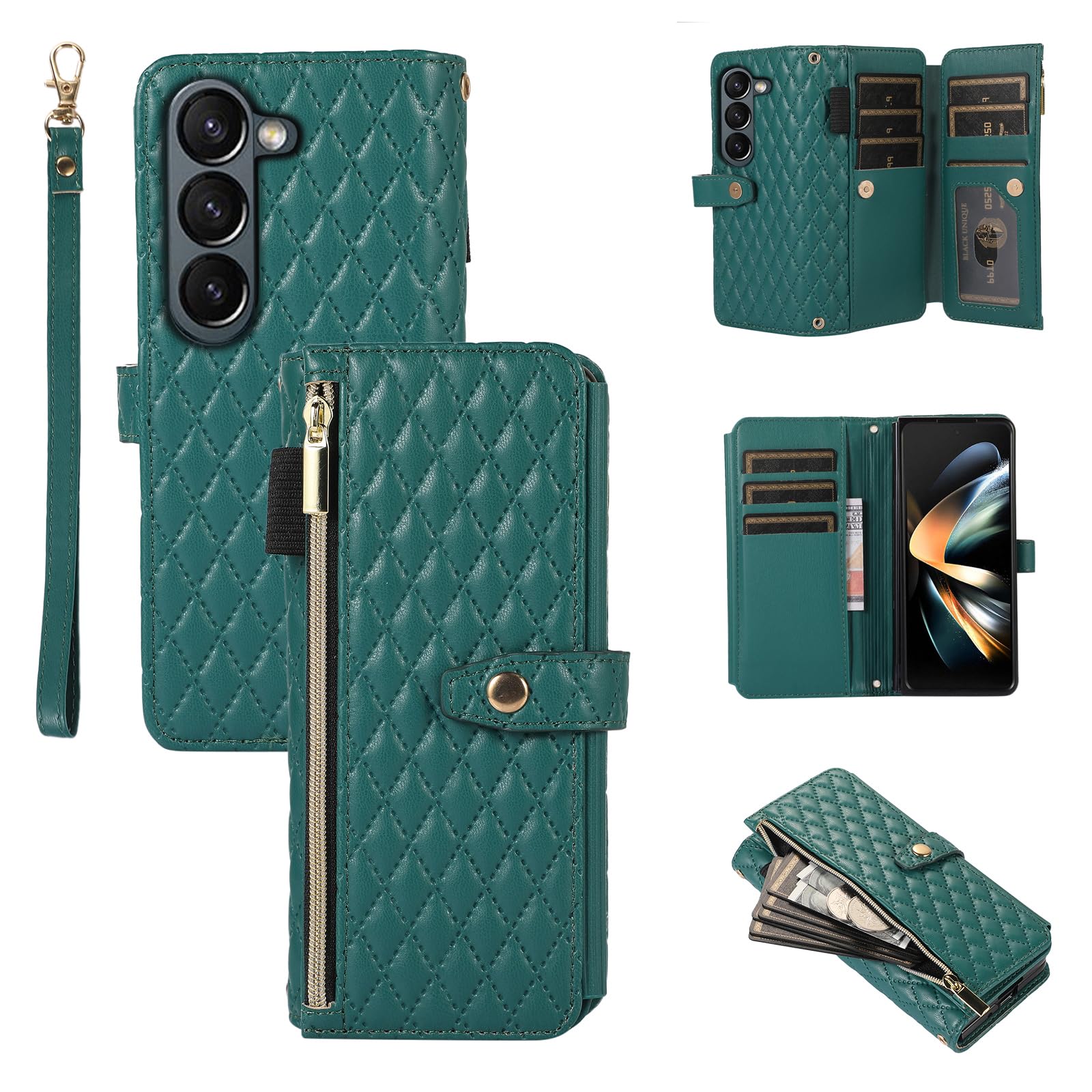 Asuwish Phone Case for Samsung Galaxy Z Fold 6 5G 2024 Wallet Cover and Zipper Card Holder Slot Cell Accessories Wrist Strap Lanyard Stand Flip Mobile Leather ZFold6 Z6 G Fold6 6Z Women Men Green