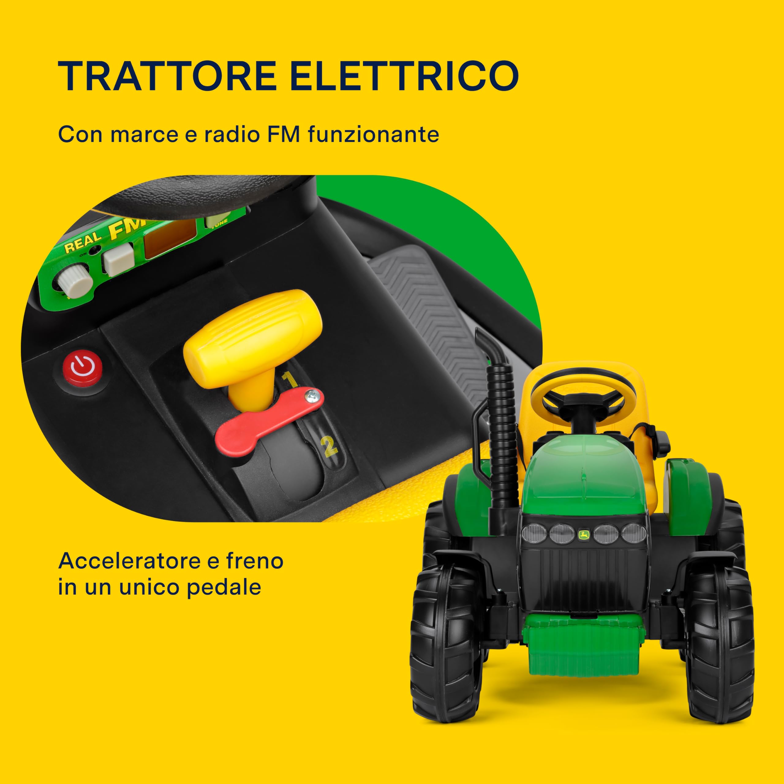 PEG John Deere RC Tractor - Trattore Elettrico Cavalcabile e Telecomandato per Bambini, 12V, con Rimorchio, Telecomando, 2 Ruote Motrici, Radio FM, da 1 Anno