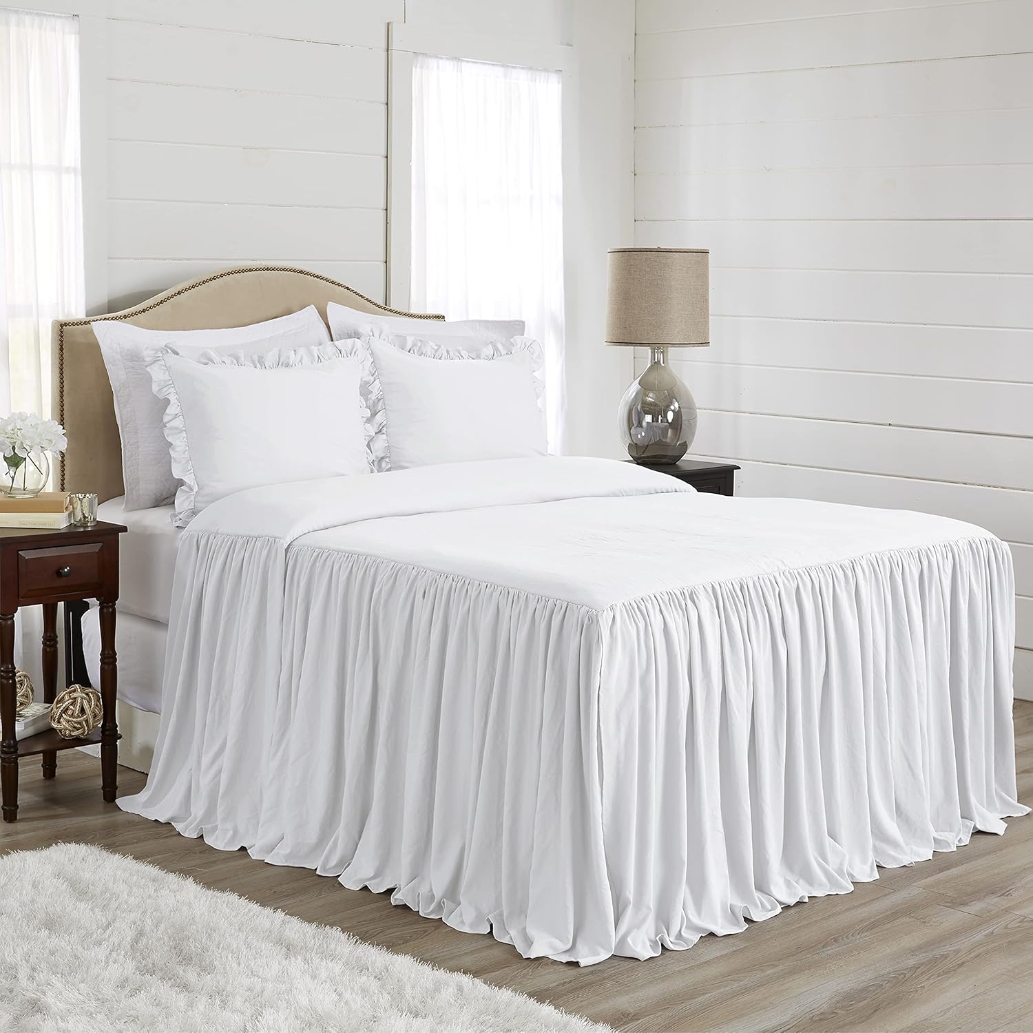 Sweet Jojo Designs Bright White Boho Shabby Bohemian Elegant Bedspread Cover and Sham 3 pc Full Queen Size Bed Bedding Set Bedroom Coverlet with Extra Long Skirt Drop Country Glam Vintage Farmhouse