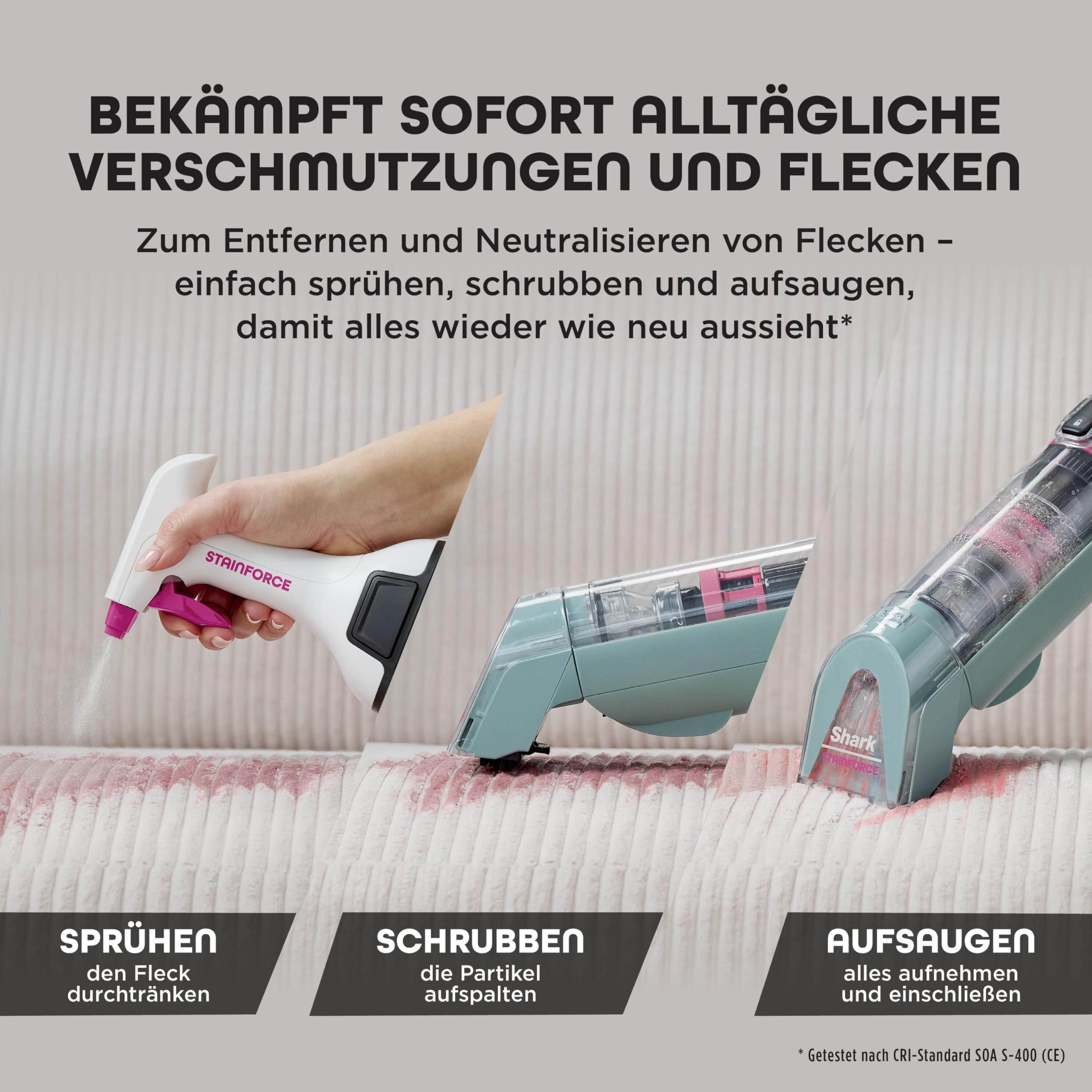 Shark StainForce kabelloser Fleckenentferner, tragbarer Flecken-, und Geruchsentferner für Teppichböden, Teppiche, Polstermöbel und mehr, mit Aufbewahrungsbox, Zubehör und 2 x Reiniger, HX100EUCP