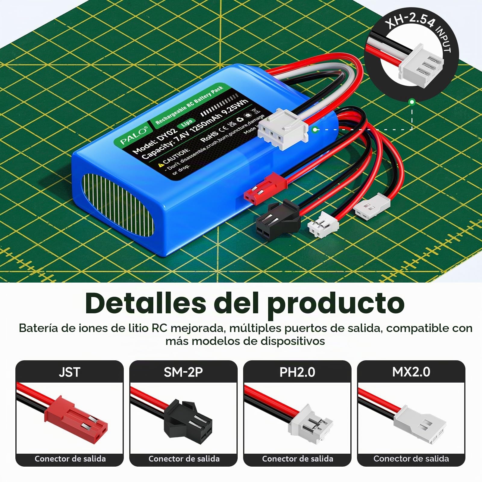 Batería Lipo 7,4 V 1250mAh PH2.0/JST/SM-2P/MX2.0 batería 25C, Enchufe Equilibrio XH2.54-3P y Cargador USB, para WLtoys RC Crawler SCX24 CR18P FCX18 FCX24, para Coche RC Avión, 2 Piezas