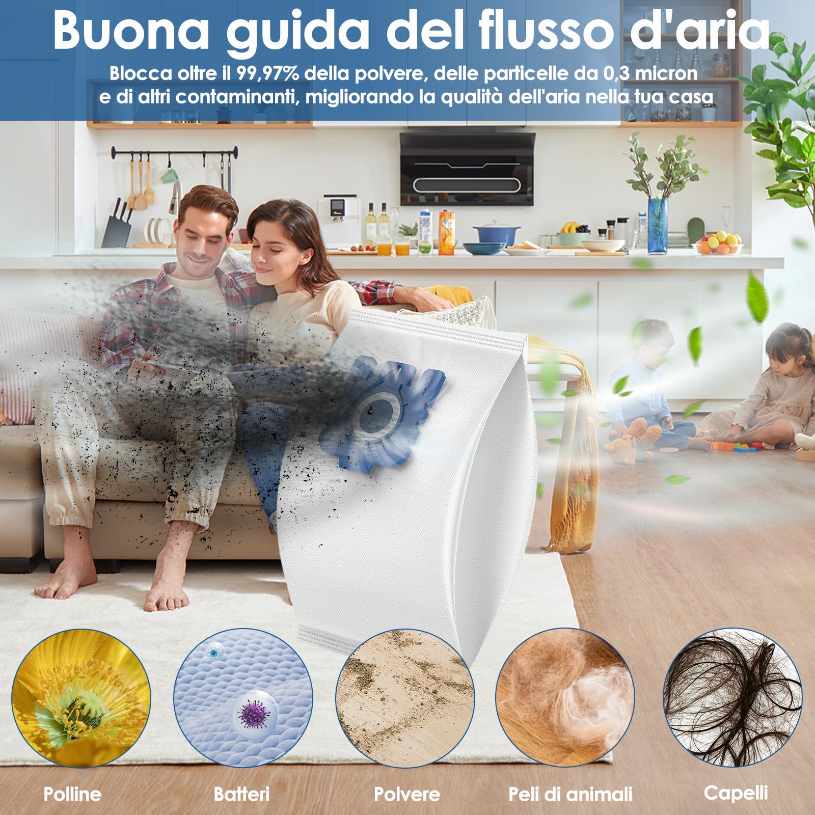 12 Sacchetti Aspirapolvere Compatibili Miele GN 3D (Serie C1, C2, C3, S2000-S8999) + 3 Filtri Motore + 3 Filtri Aria + Spazzola