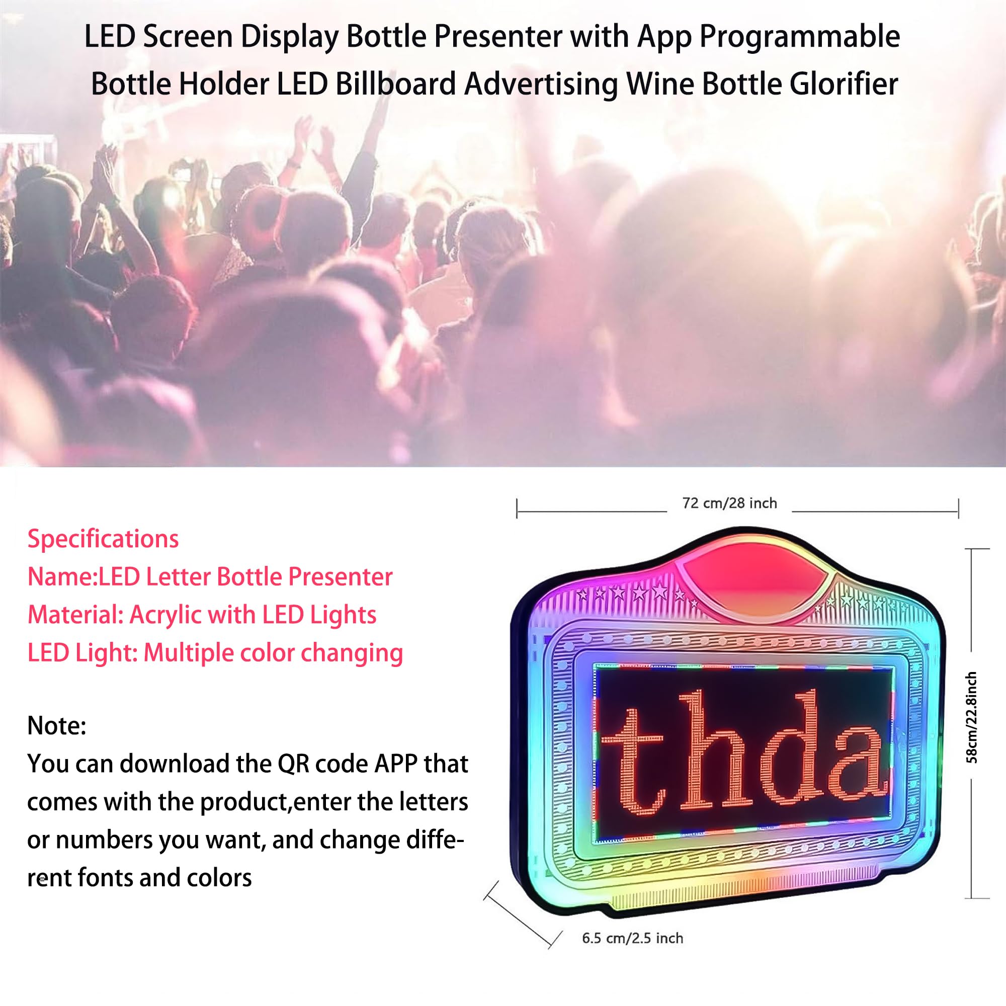Letrero Bar LED con Texto Desplazable Personalizable - Marco Acrílico Luminoso, Control por App Móvil, Luces RGB para Servicio VIP, Discotecas y Fiestas Crown Design