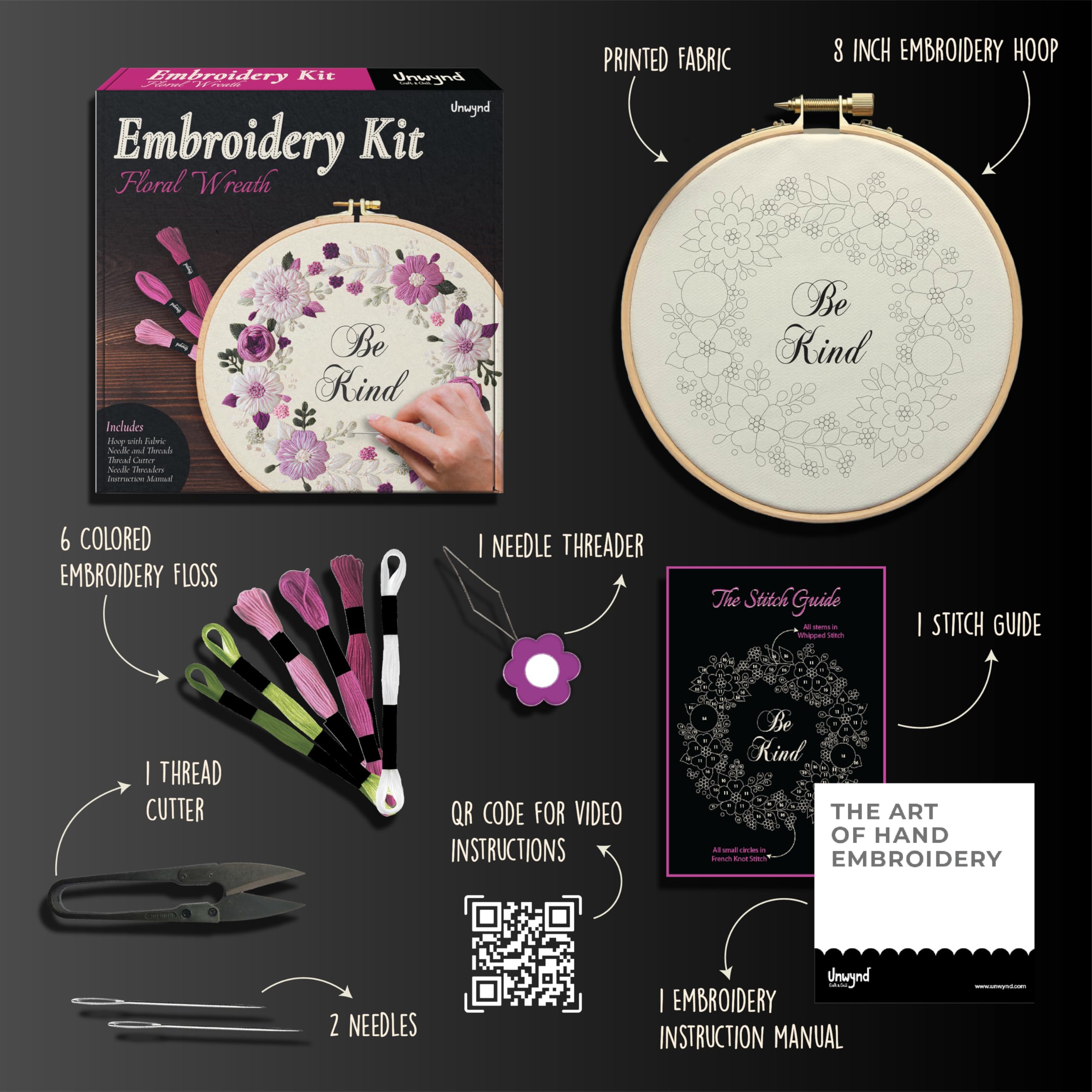 Unwynd Embroidery Kit Floral Theme for Beginners, Satin Stitch Hand Embroidery Kit for Adults, Easy DIY Craft, Valentine’s Day Gift with Flower Pattern Design 3
