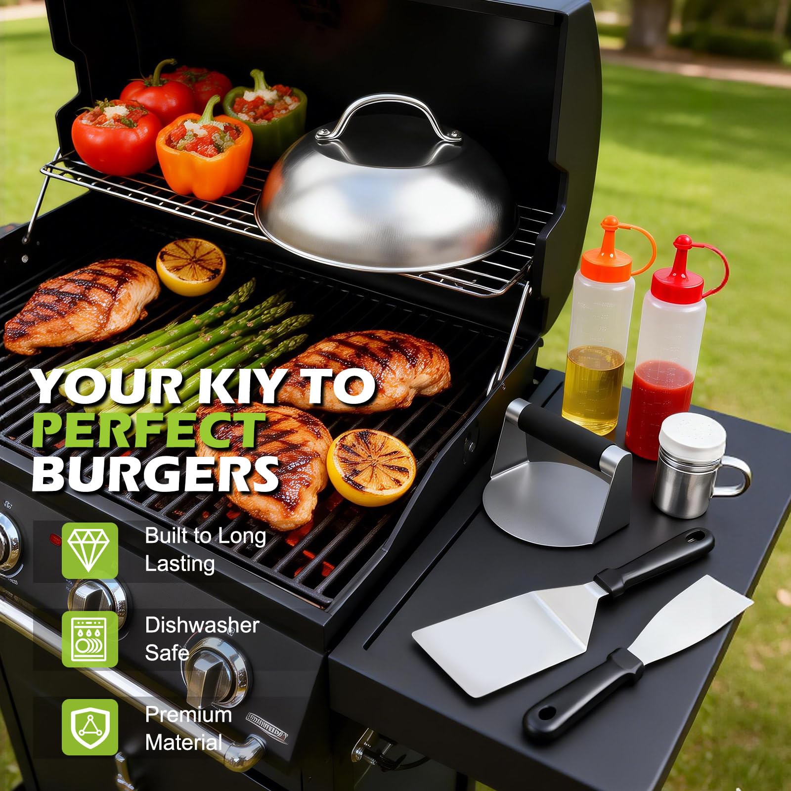 MaxAwe 10-TLG Smash Burger Set, Edelstahl Grillbesteck Set mit 2 Burgerglocken, 2 Grillspachtel, 2 Squeeze Flasche, Burgerpresse, Gewürzstreuer & 100 Antihaftpapieren, Burger Smasher Grill Set