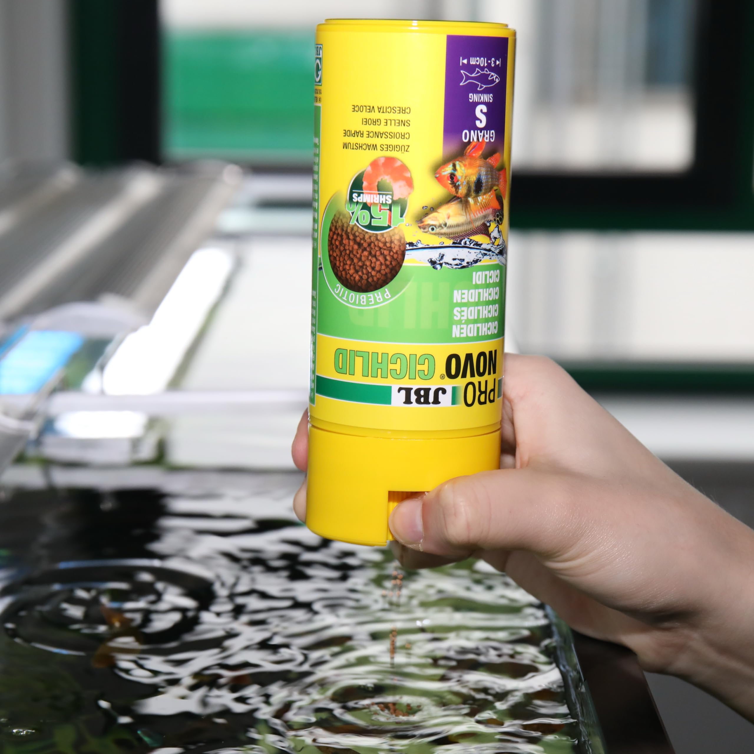 JBL PRONOVO Cichlid Grano, alimento Principal para cíclidos pequeños de 3 – 10 cm, dosificador Clic, gránulos para piensos para Peces, Talla S, 250 ml