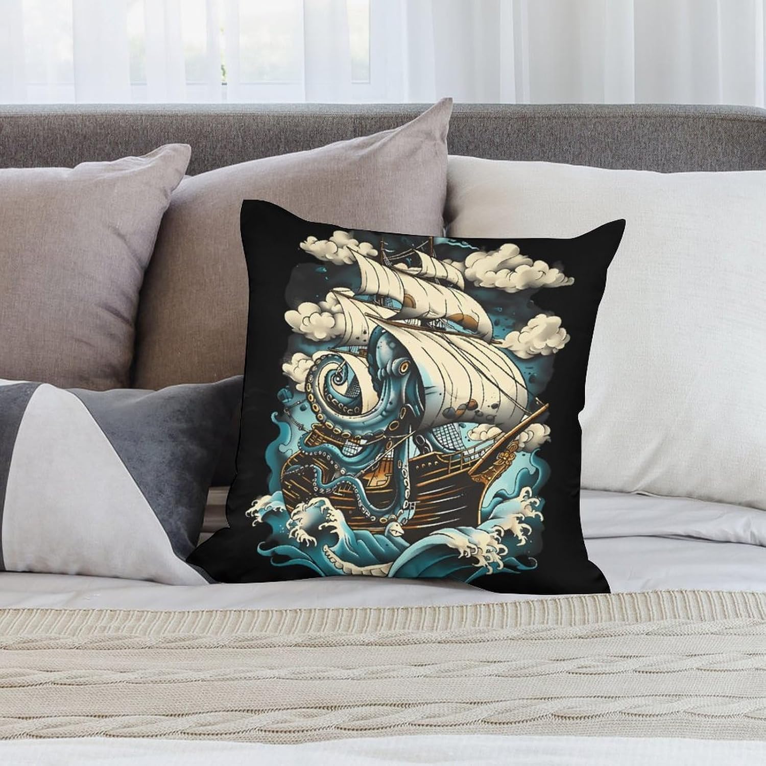 Sailing Ship Octopus Printed Throw Pillow Case 4 Pcs Soft Pillowcases Pillows Covers Sofa Bed Decor 12/14/16/17/18/20/22/24/32 Inches