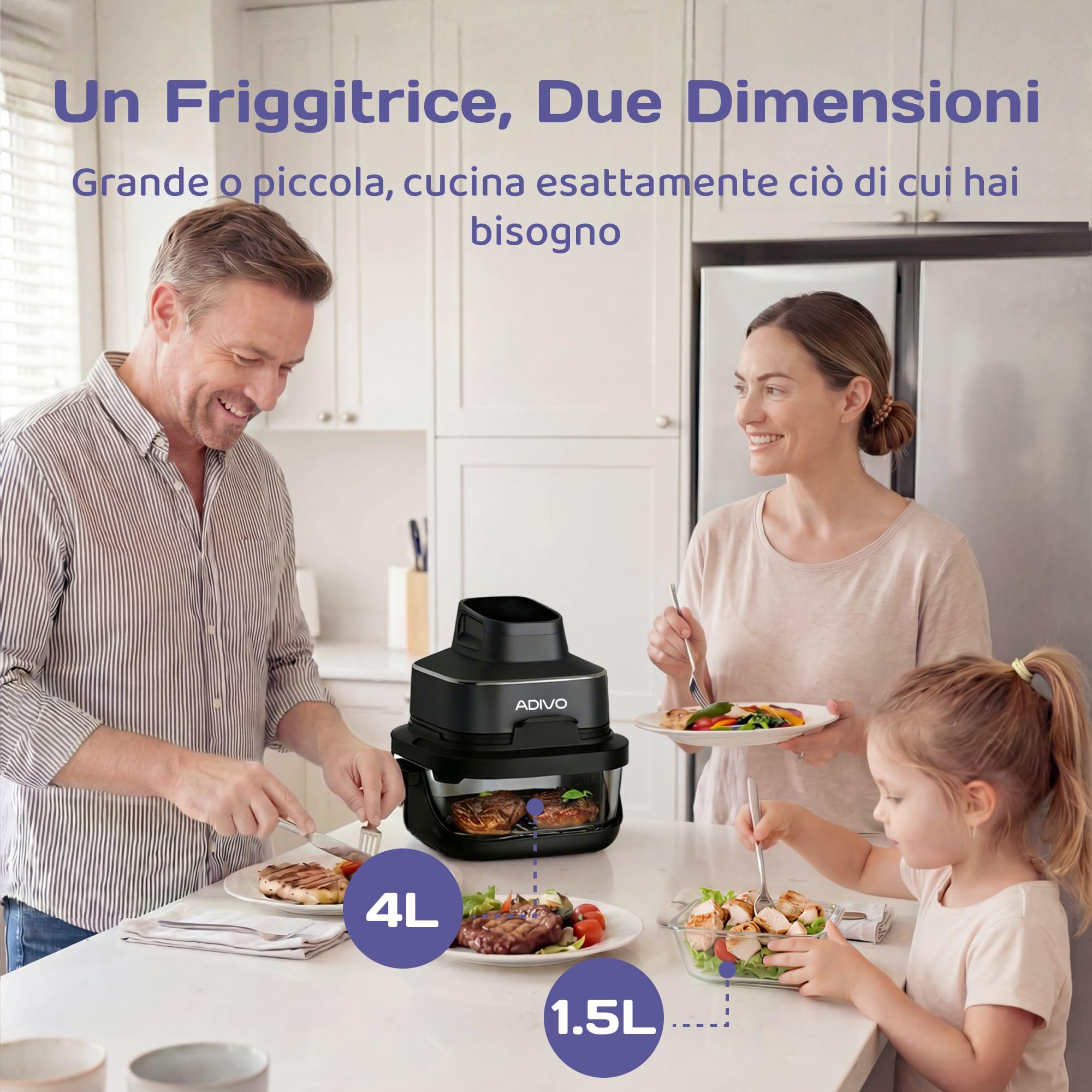 ADIVO Friggitrice ad Aria in Vetro 4L/1.5L,1500W Ciotola Visiva,Doppia Capacità,4 Modalità,Senza Olio & Nessun Rivestimento,Lavabile in Lavastoviglie,Portatile per Camping/Ufficio,Cucina Sana