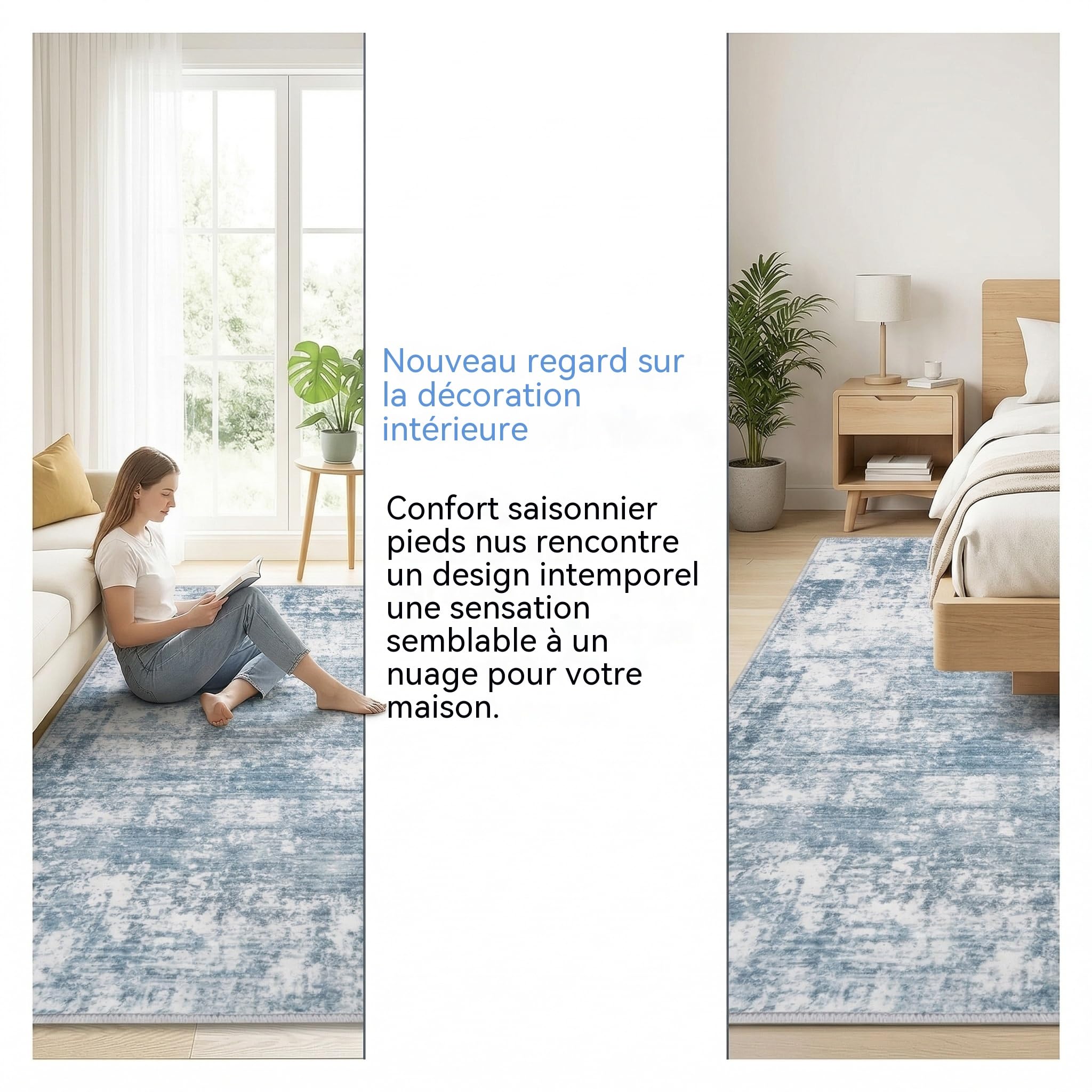 Grand Tapis Salon Moderne Abstrait Lavable en Machine, à Poils Courts en Fausse Laine,Tapis de Salon Antidérapant pour Chambre à Coucher, Bleu Gris, 160x230cm