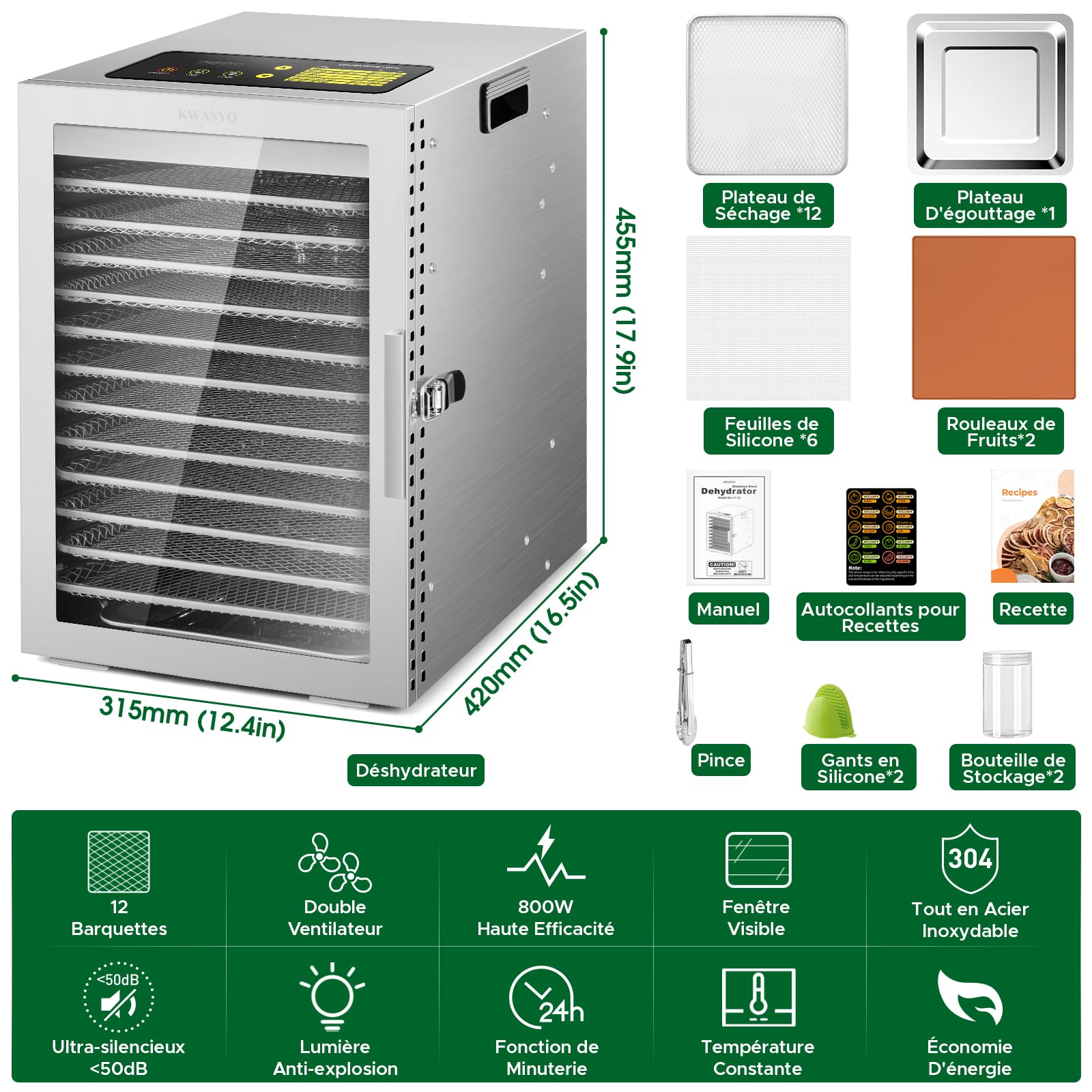 Kwasyo Deshydrateur Alimentaire avec 12 Plateaux Inox, Séchage efficace à 360 ° double ventilateur, Desydratateur Minuterie 24H et contrôle de température de 30 à 90 ℃, Protection contre la surchauffe