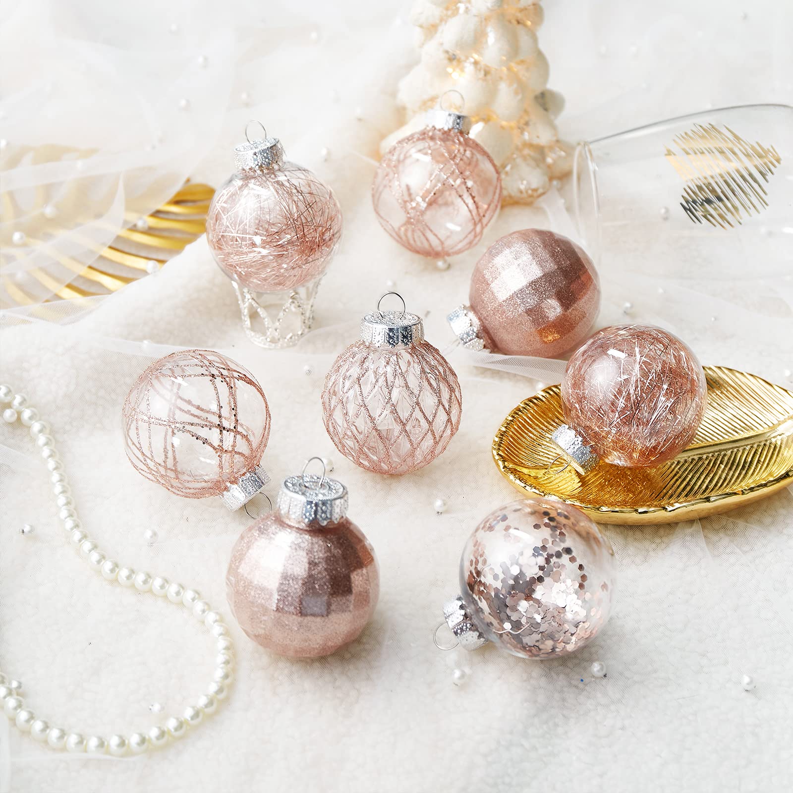 Bolas de Navidad de 30 quilates, 60 mm/2.36 pulgadas de plástico transparente inastillable, bolas de Navidad con relleno delicado brillante, decoración de árbol de Navidad colgante (oro rosa)