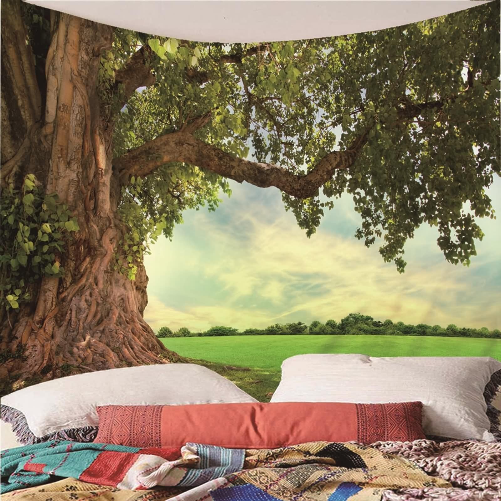 Arazzo verde estetico, arazzo da parete estetico con grande albero sulla prateria, in poliestere, decorazione per la casa, 240 x 220 cm
