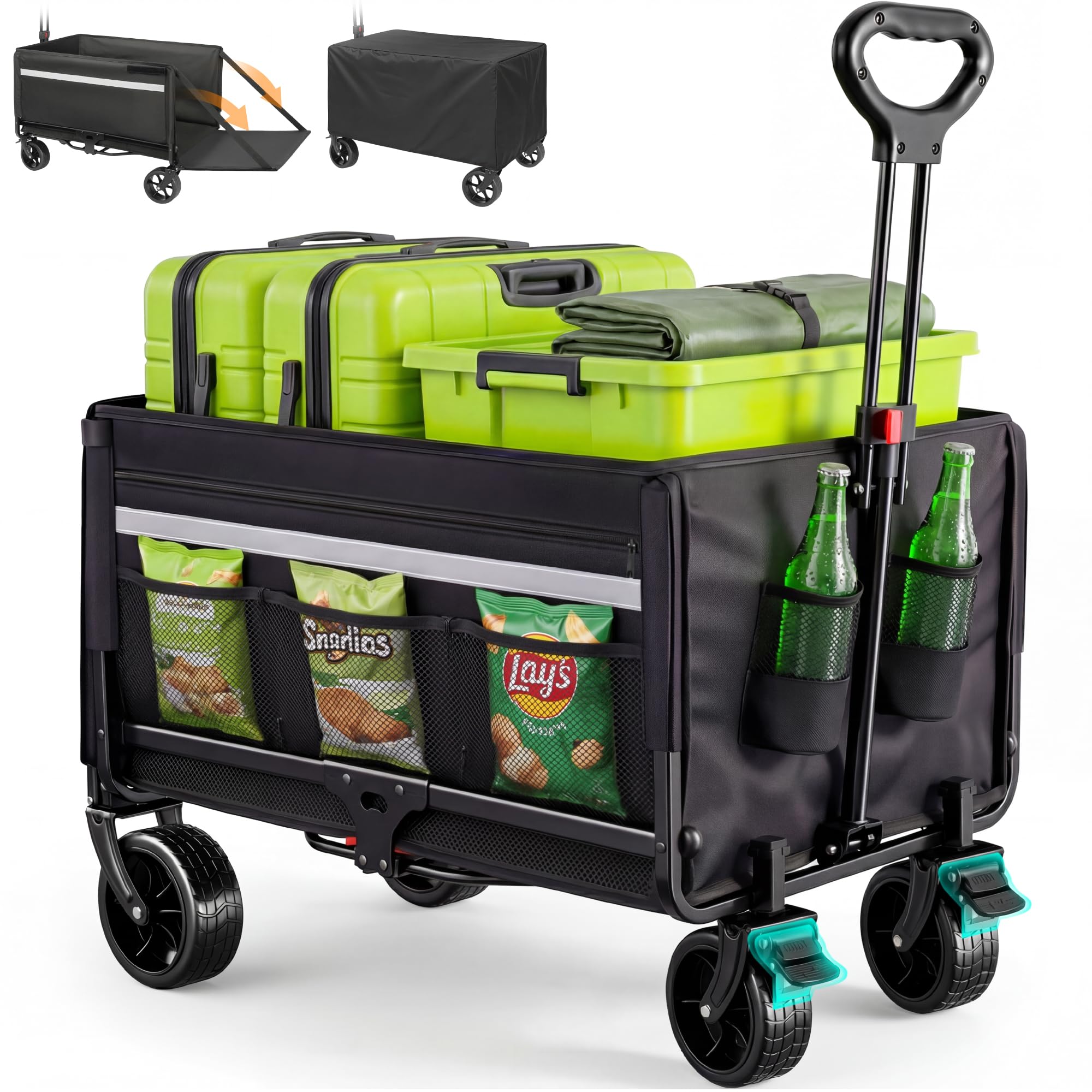 Bollerwagen Faltbar 120L Strandwagen Klappbar mit Heckklappe Regenschutz,Becherhalter, Reflektorstreifen, Faltbarer Bollerwagen Für Hunde,Einkaufen,Camping,Strand,Transport,Outdoor