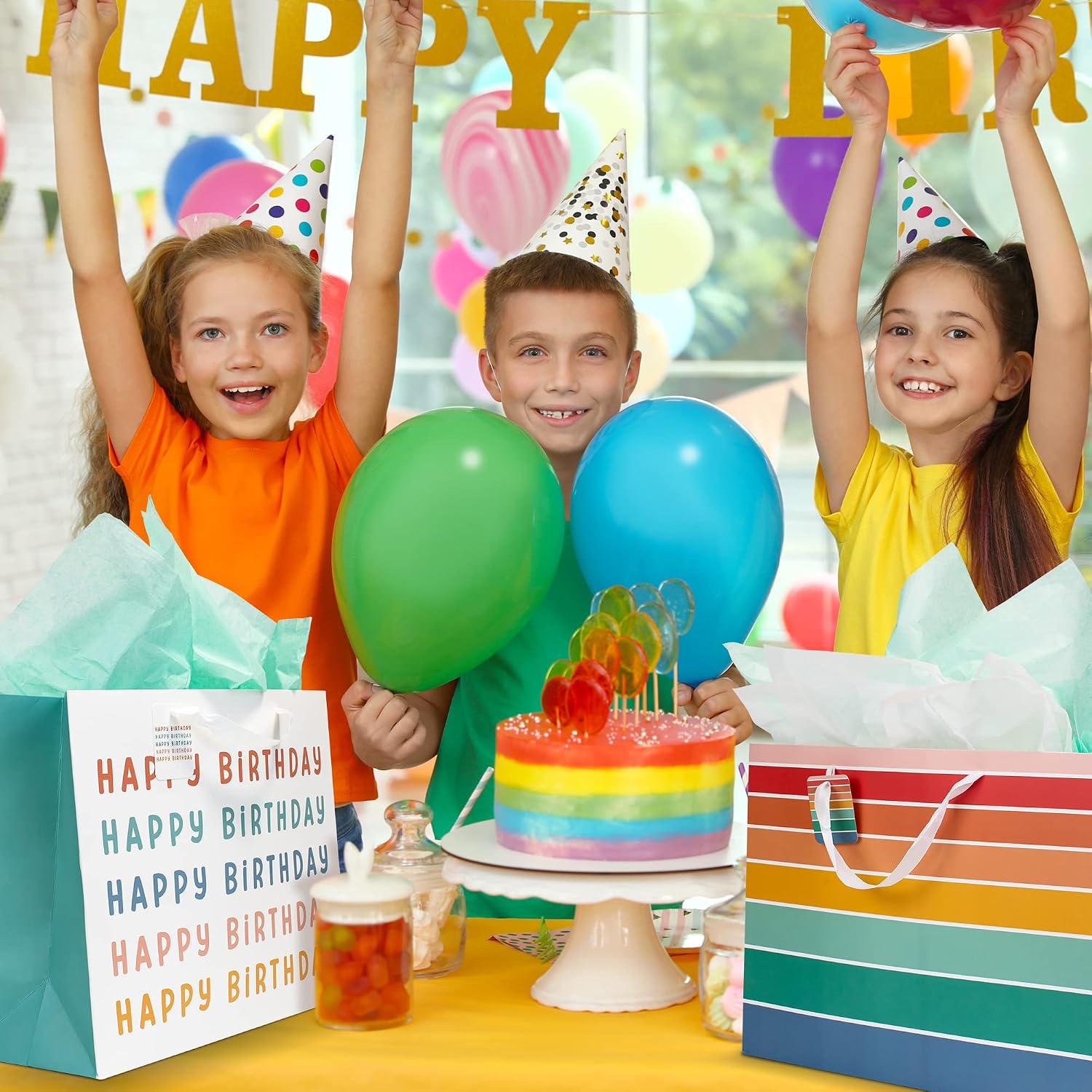 Beautiful Birthday Gift Bags Set of 2 - Large 16" Bags with Handles incl. Matching Tissue Paper, Cards & Stickers - Reusable & For Presents of Any Birthday, Weddings, Mothers Day & Other Occasions