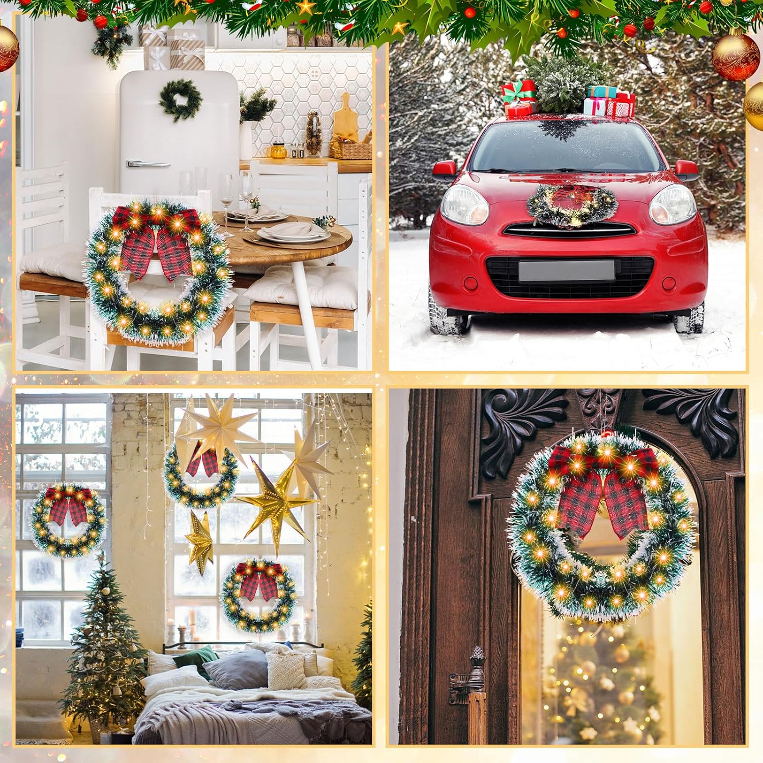 Riceshoot 16 Pcs Christmas Wreath Bulk 12 Inch Outdoor Lighted Artificial Christmas Wreath Front Door Decorations with Bow LED Lights Hemp Rope for Front Door(Red, Black)