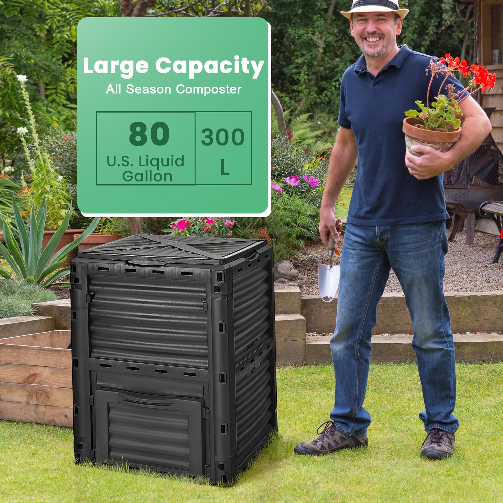 Toolsempire Compost Bin Outdoor, 80 Gallon Garden Compost Bin with Top Lid & Bottom Door, Aerating Outdoor Compost Box Waste Container Barrel Fertilizer for Garden & Yard (Black)