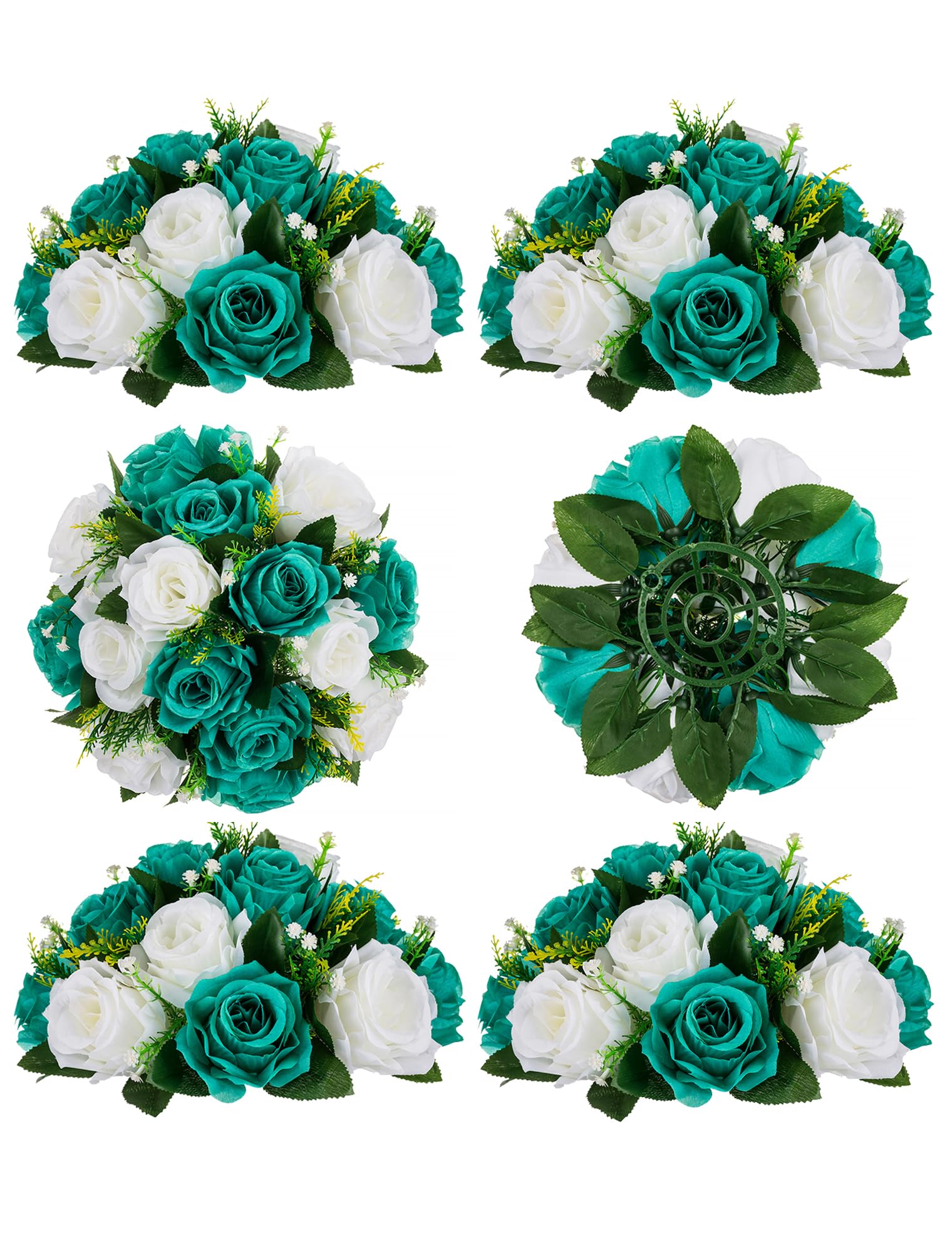 Composition florale pour table de mariage et fete avec 6 boules de roses bleu sarcelle et blanc