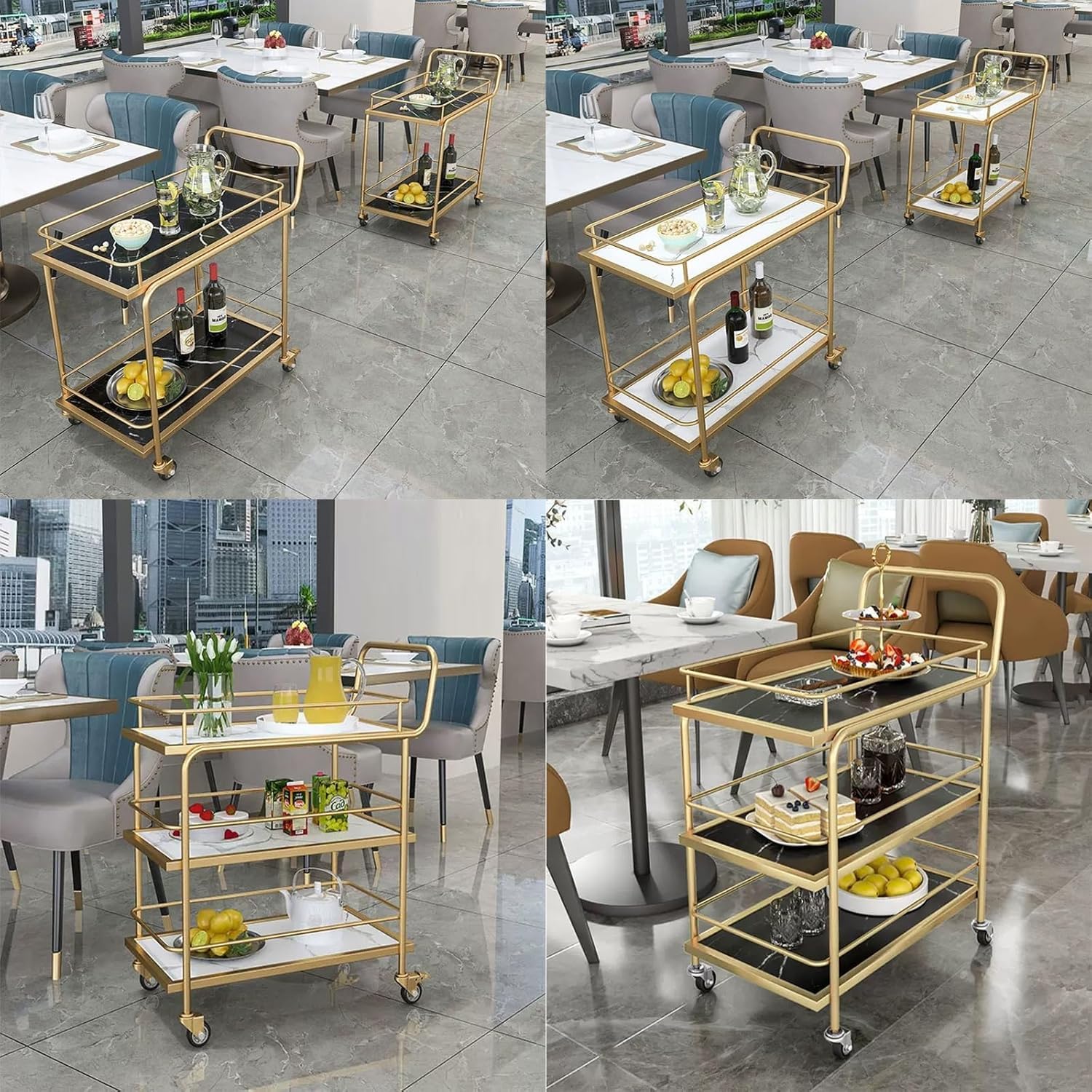 Carrello di servizio per ristoranti, 3 ripiani, con recinzione e pannelli in marmo per buffet