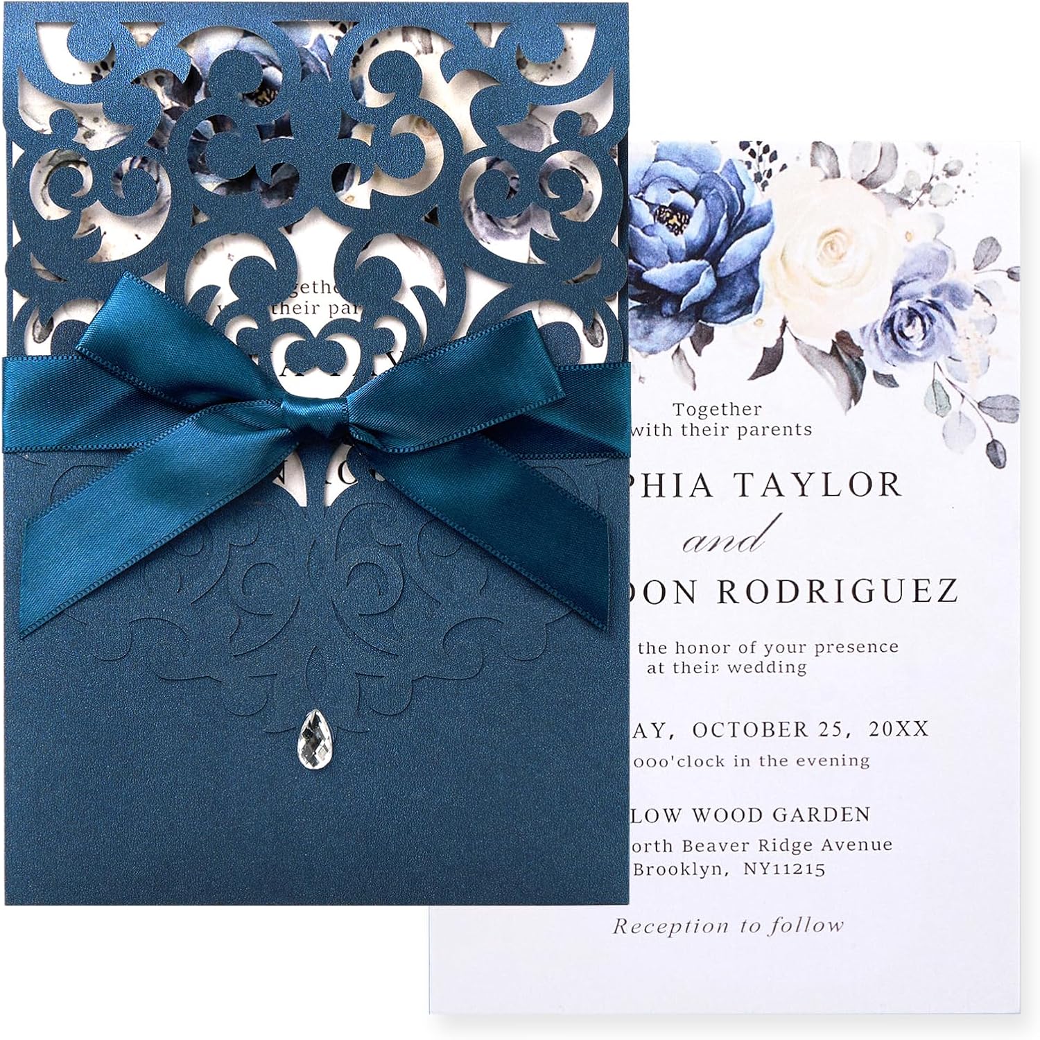 50pcs Wedding Invitation Kit, Navy Blue Laser Cut Invitations with Envelopes and Rsvp Cards Ribbons for Wedding Baby Bridal Shower Anniversary Birthday Invites
