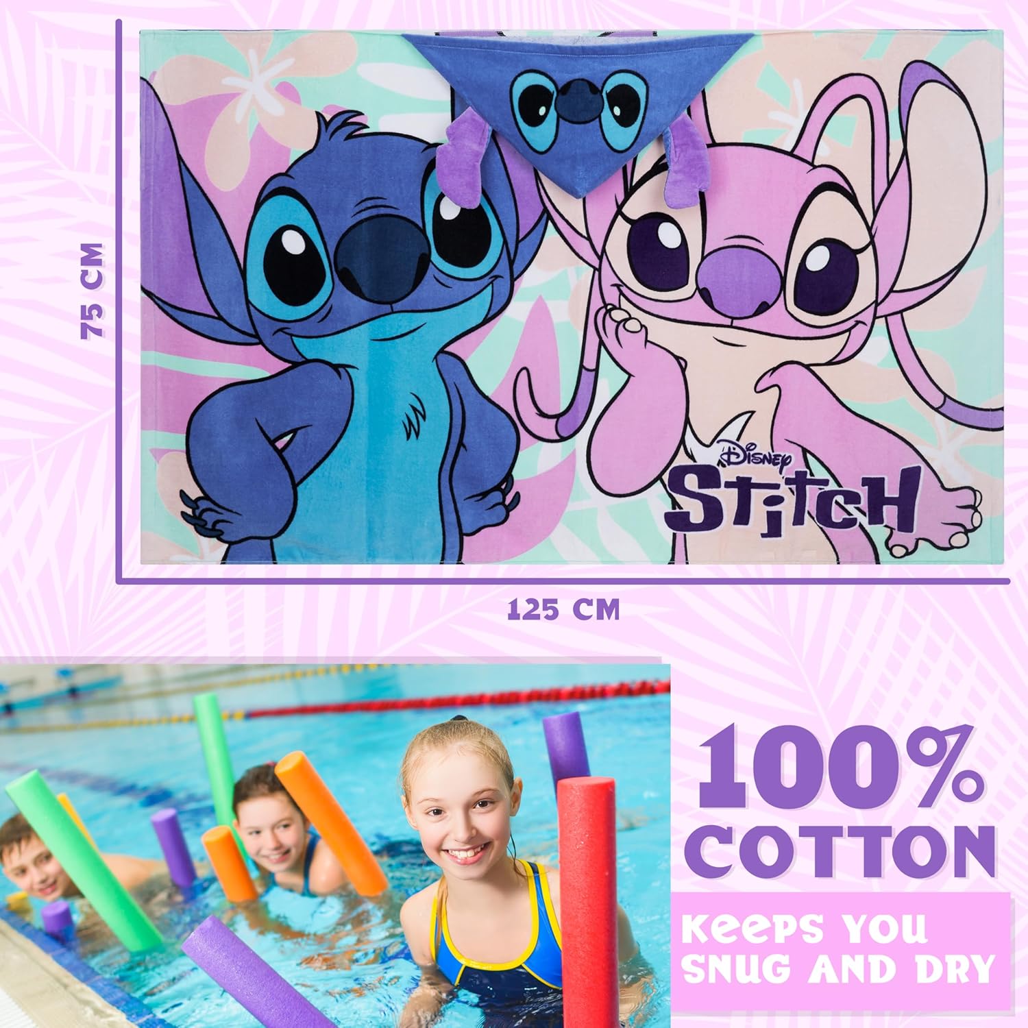 Disney Stitch Bath Towel with Hood for Kids Teenagers Absorbent Cozy Poncho Hooded Beach Towel Wrap for Beach Pool Swimming Bath Vacation Essentials (Blue/Multi Stitch, 6-14 Years)