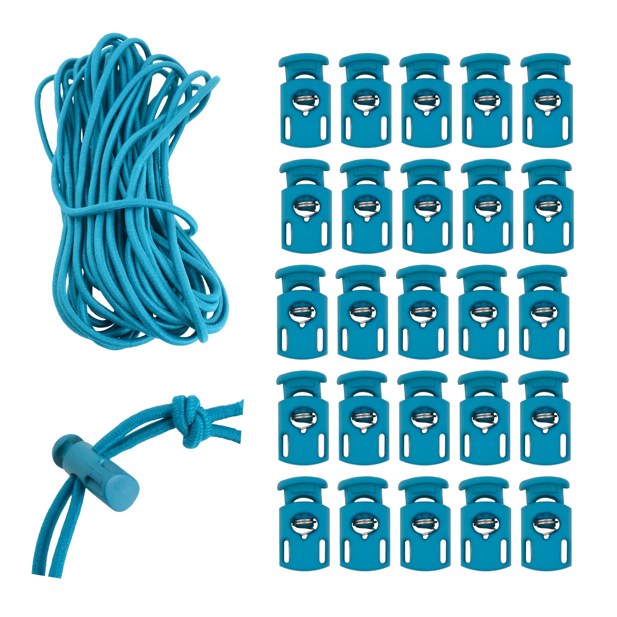 Mandala Crafts Teal Shock Cord & Plastic Cord Locks for Elastic Drawstring Clips - Bungee String & Spring Toggle Cord Ends Stopper Clamps for Shoelace