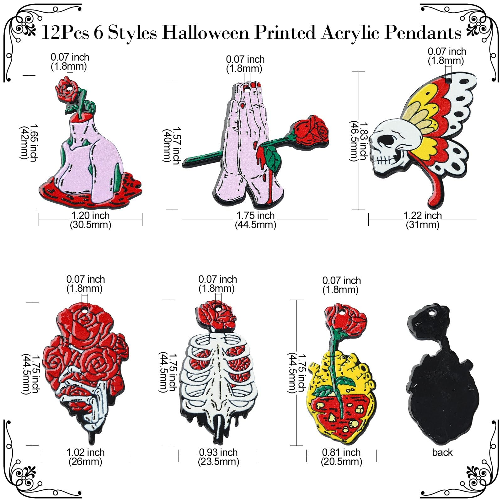 Stiesy 12Pcs 6 Styles Red Gothic Charms Acrylic Skull Rose Heart Flower Pendant Charm Halloween Printed Dangle Charms for Jewellry Making Bracelet Crafting - Image 2