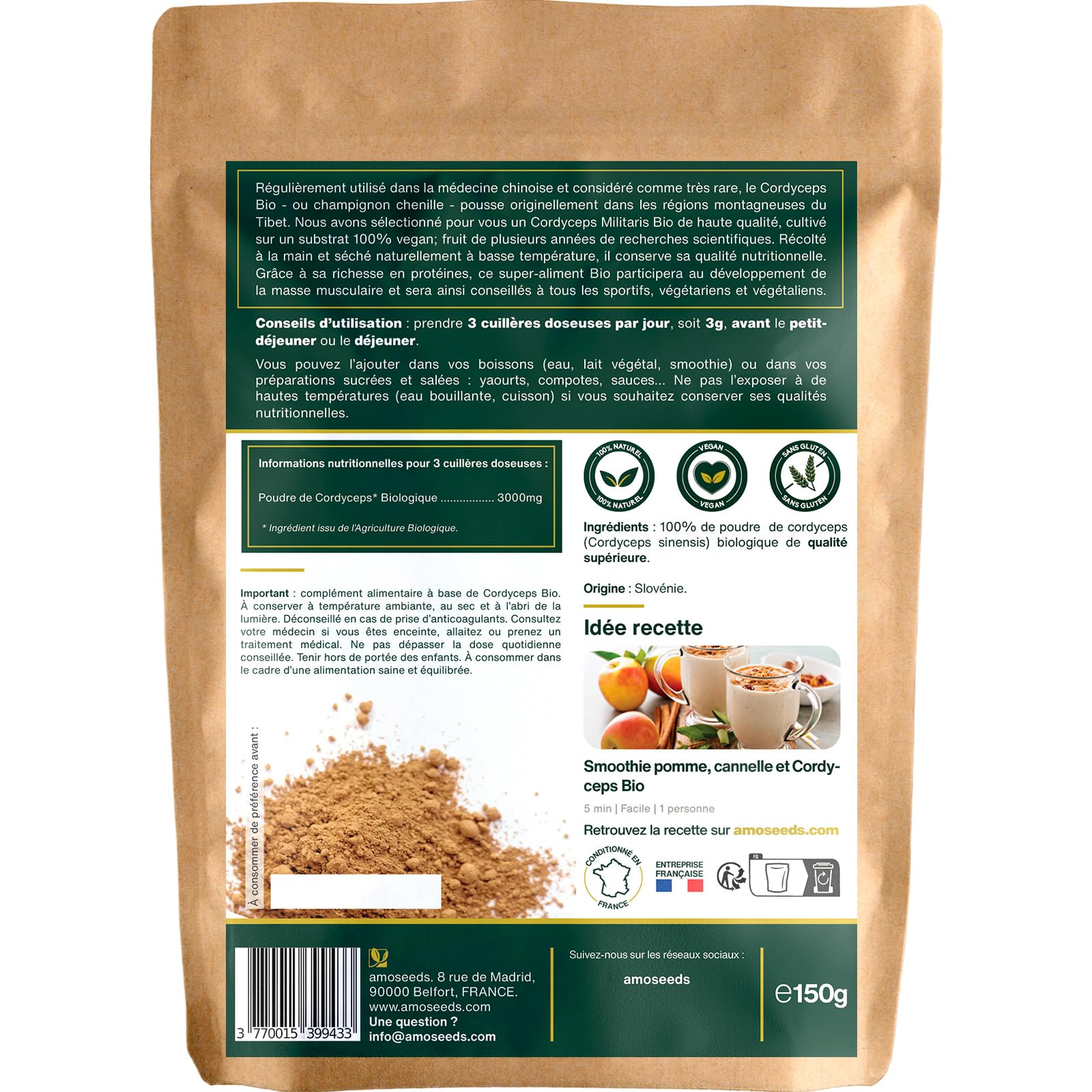 Cordyceps en Poudre Bio 150G | Qualité Supérieure | Anti-fatigue, Anti-stress, Énergie, Immunité