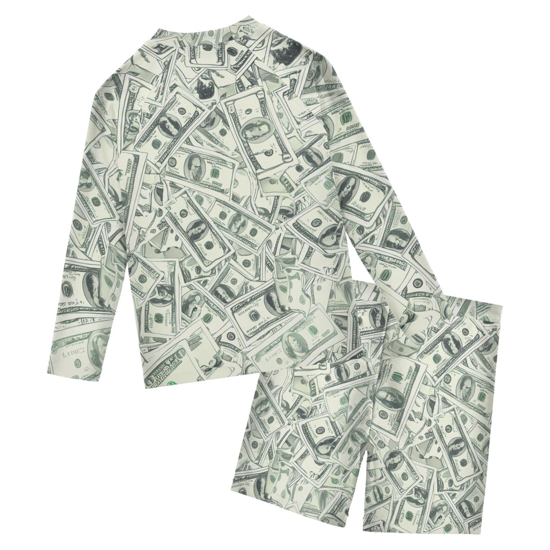 Paper Money Hundred Dollar Bills Baby Boys' Toddler Long Sleeved Rashguard Swim Bathing Suit Set B0405100
